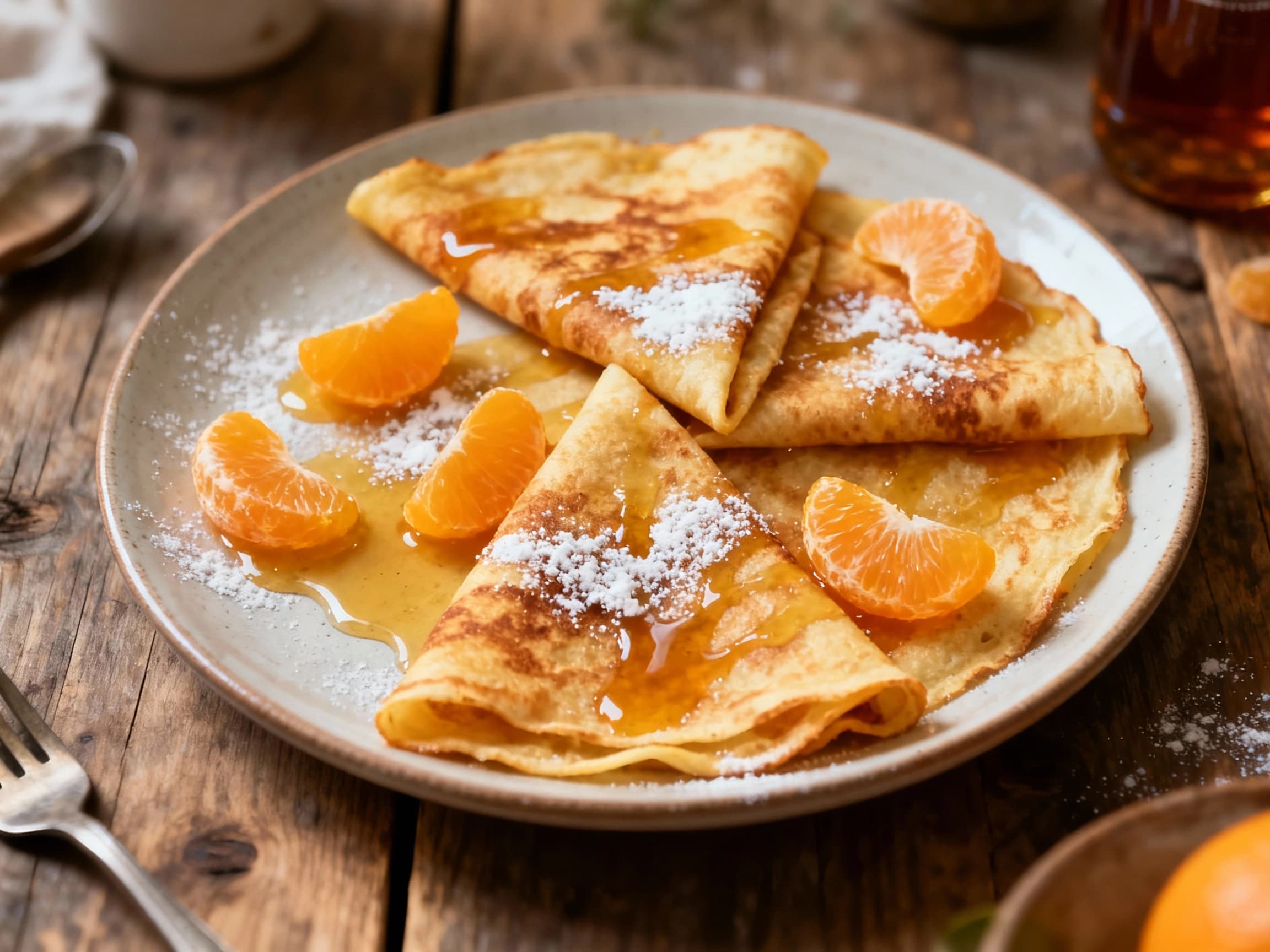 Golden, delicate crêpes are folded and drizzled with a glossy orange sauce, dusted with powdered sugar, and garnished with fresh orange segments, creating an elegant dessert.
