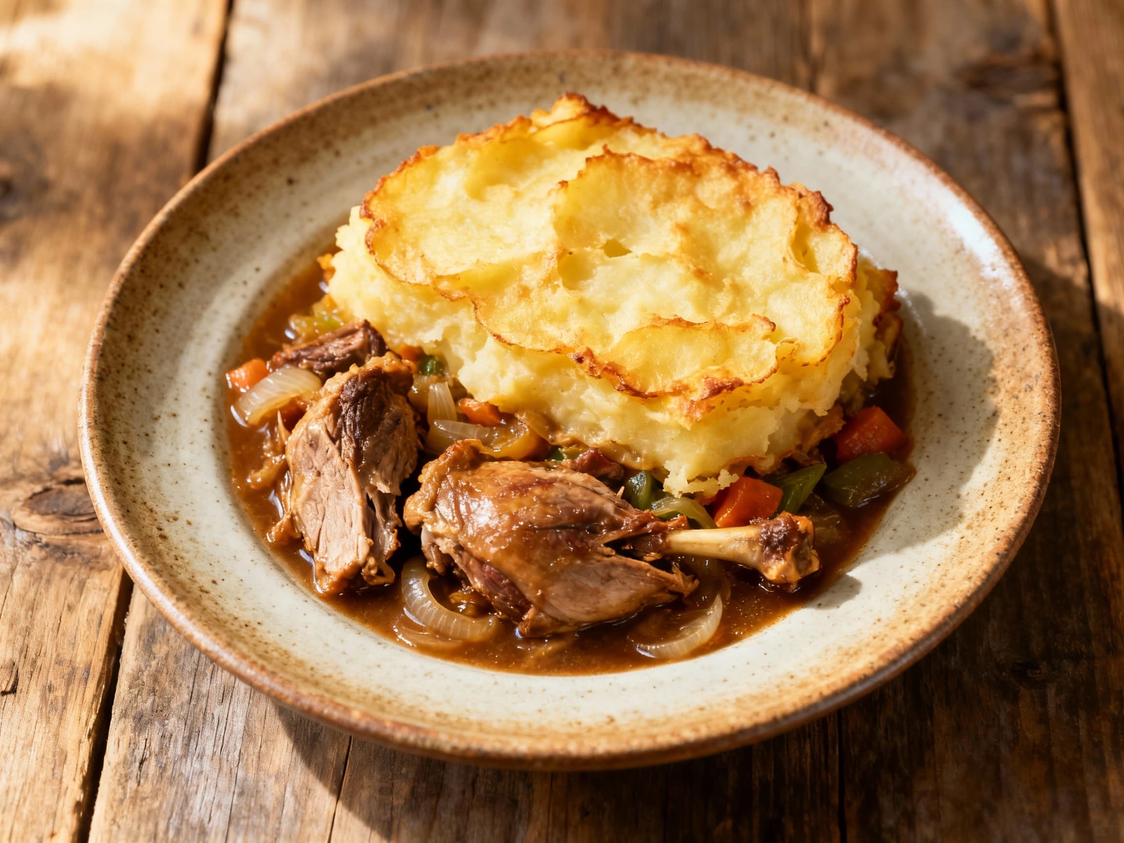 Tender duck confit baked until golden brown under a fluffy, seared mashed potato topping, creating a comforting and rustic shepherd's pie perfect for a cozy meal.