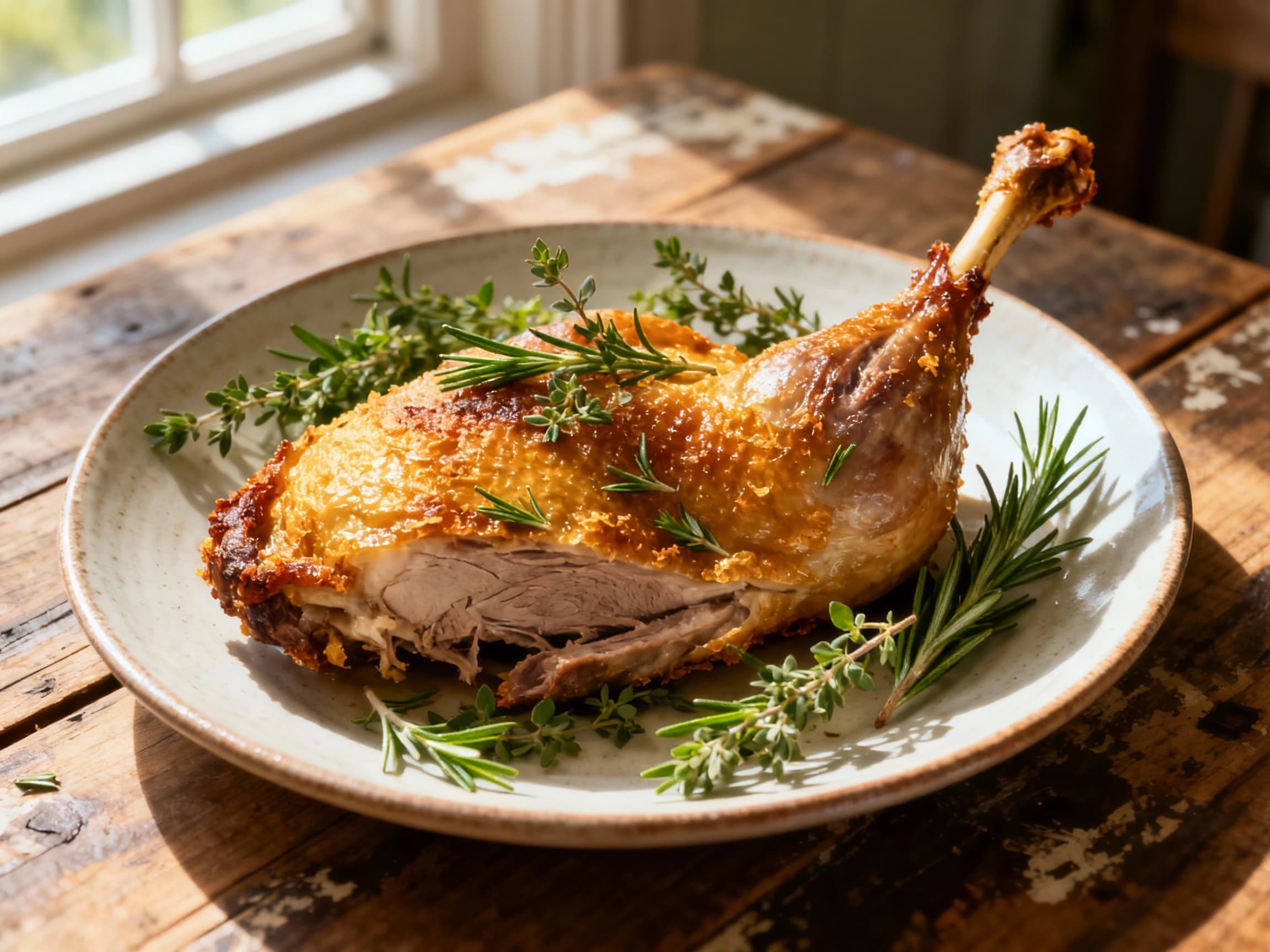 Golden-brown, crispy duck confit legs glisten under warm light, nestled on a rustic wooden board alongside fresh sprigs of rosemary and thyme, promising a rich and savory culinary experience.