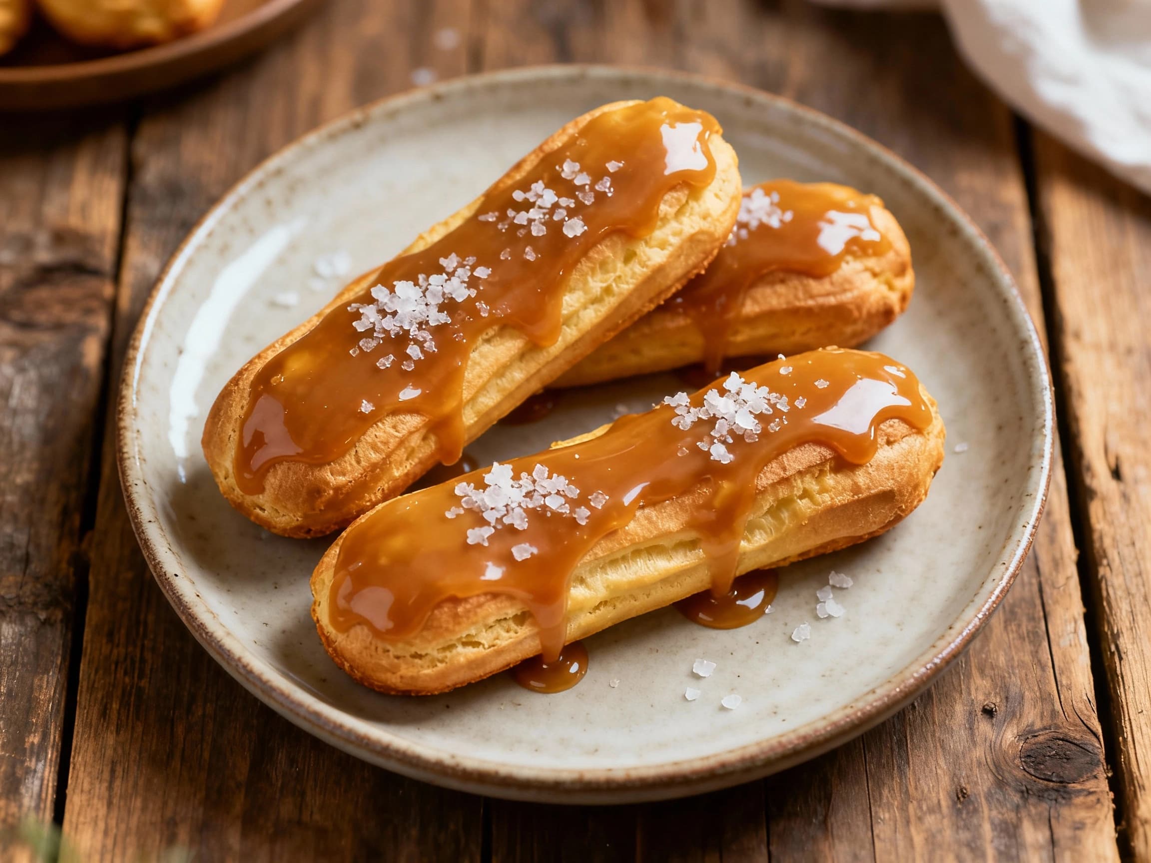 Delicate, golden-brown éclairs are filled with luscious cream and topped with a glossy, rich salted caramel sauce, creating an elegant and decadent dessert.