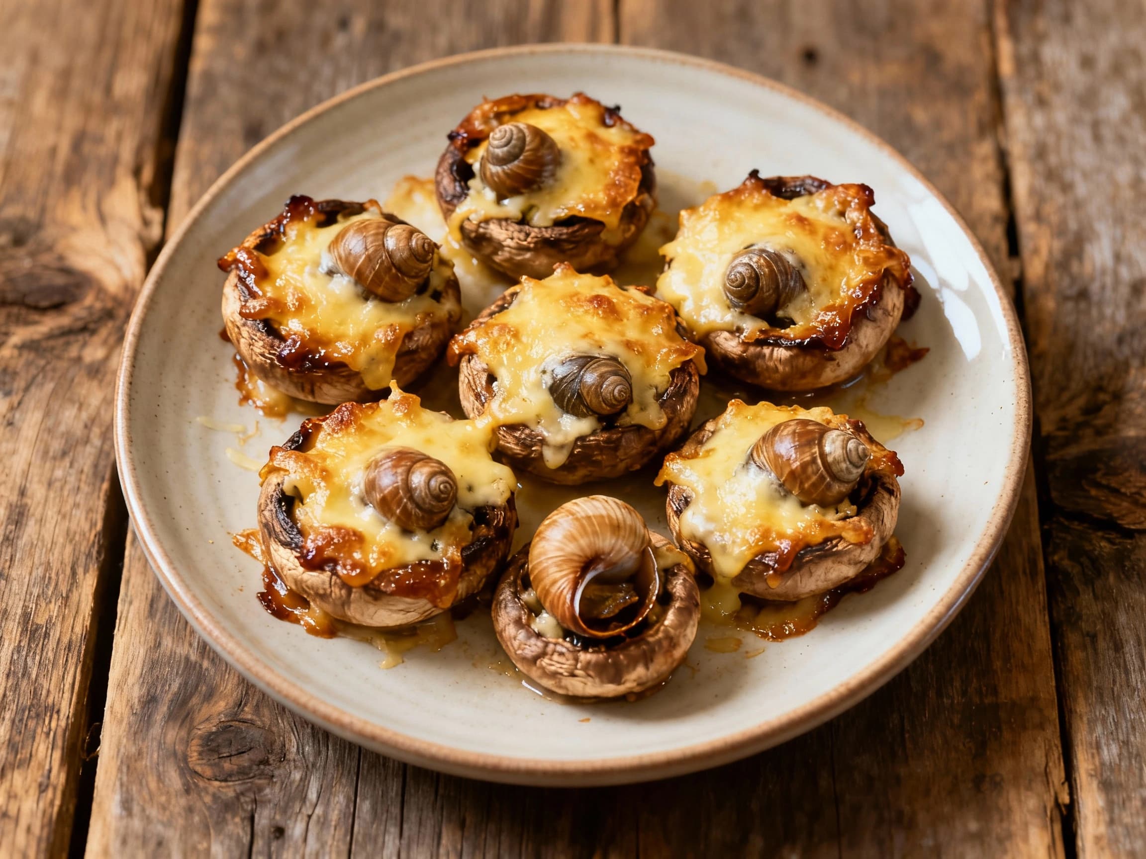 Warm, golden-brown mushrooms are stuffed generously with a creamy, garlicky escargot filling, topped with melted, bubbly Gruyère cheese and a sprinkle of fresh parsley for a savory appetizer.