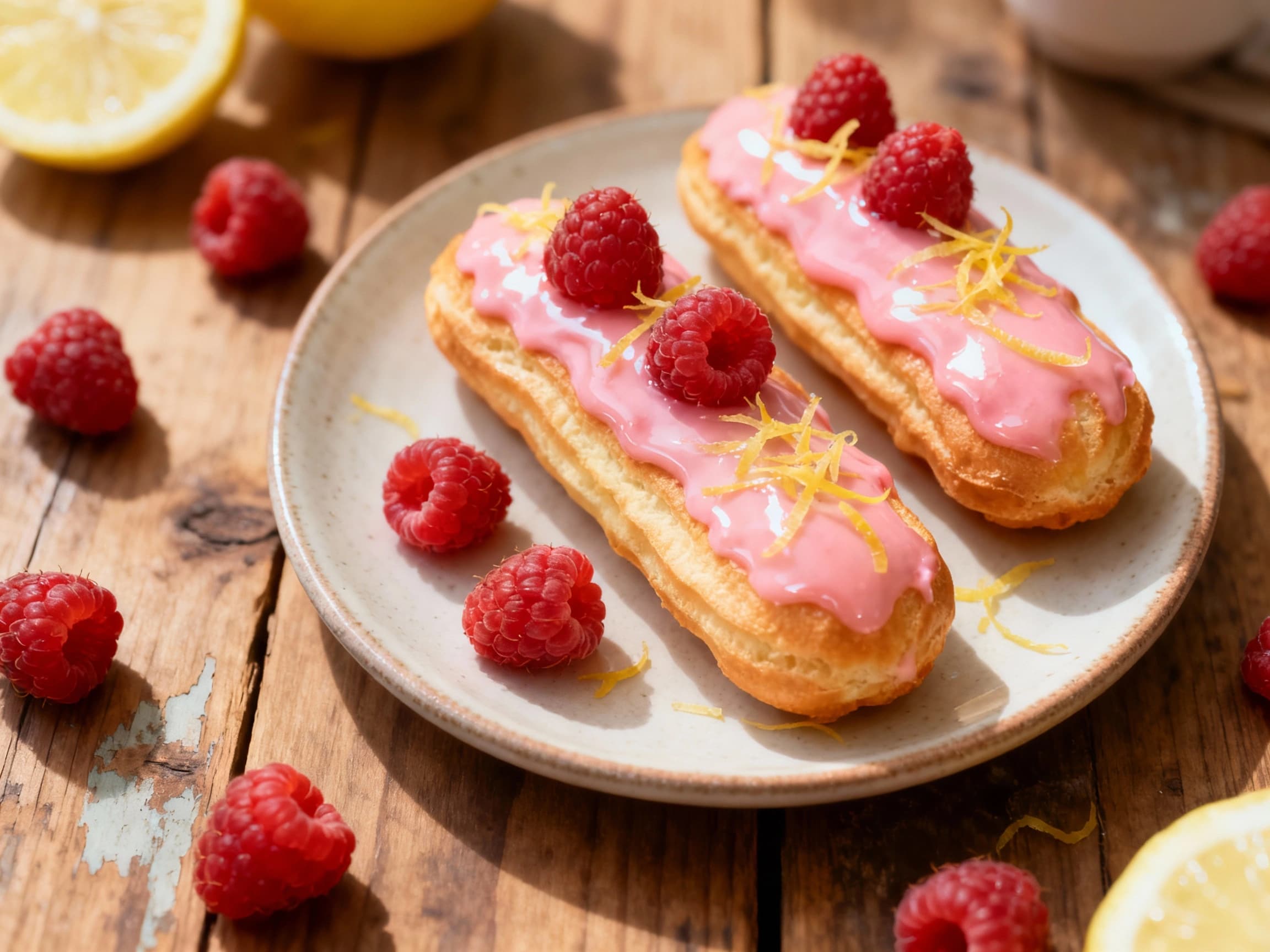 Golden-brown éclairs filled with light cream and topped with a glossy lemon glaze and fresh raspberries, a vibrant and elegant dessert.