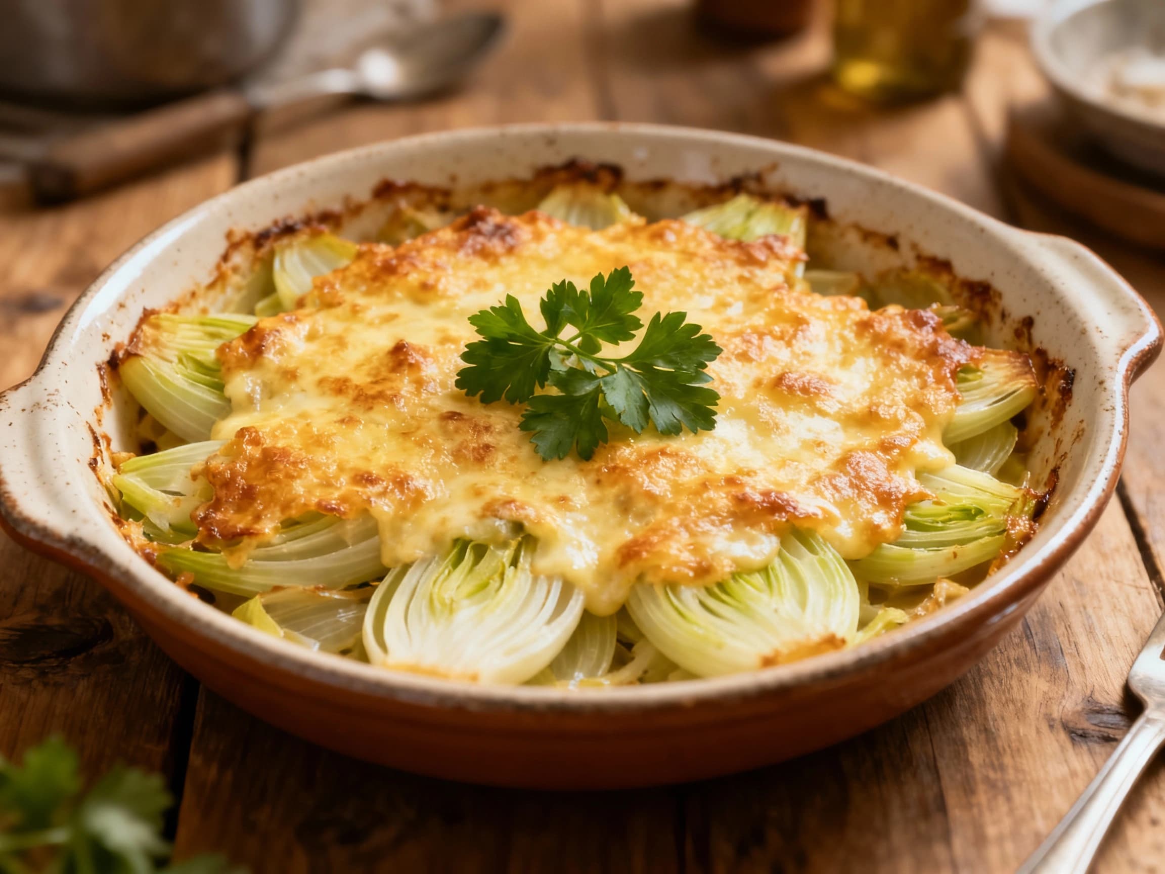 A bubbly, golden-brown gratin of thinly sliced fennel is baked in a rustic ceramic dish, topped with herbs and resting on a wooden board.