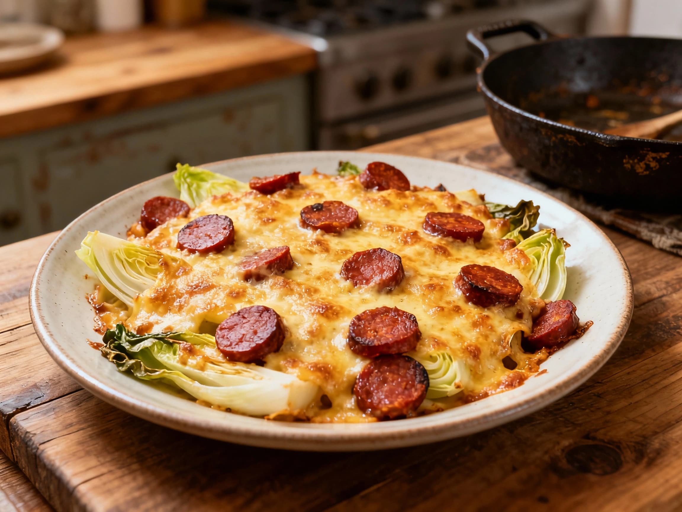 A rustic gratin dish featuring smoky chorizo and tender endive, baked under a bubbly, golden-brown cheese crust and served warm.