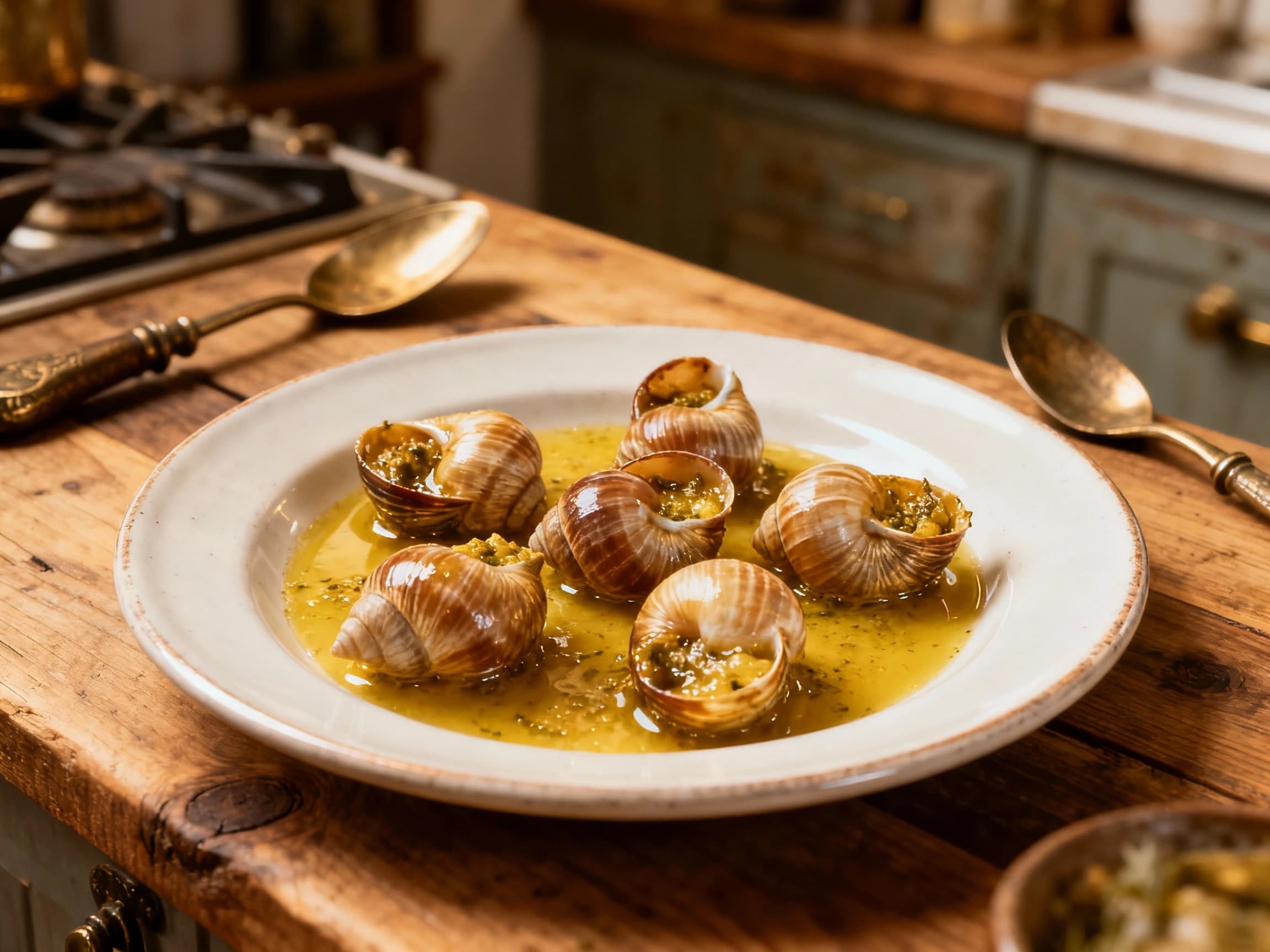 A dozen rich, garlicky escargots de Bourgogne nestle in their edible shells, bubbling in a cast-iron pan with a sprinkle of fresh parsley, ready to be enjoyed.