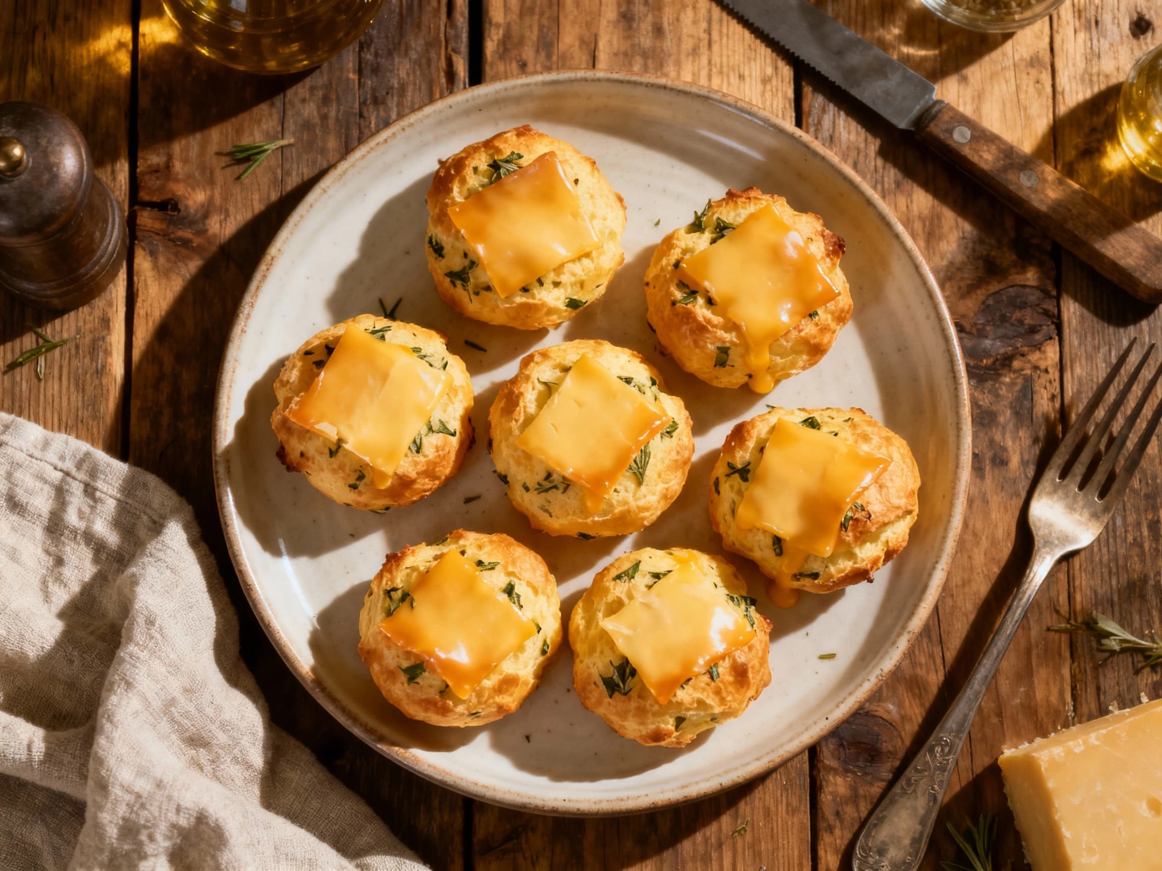 Warm, golden-brown cheese puffs freckled with herbs are piled invitingly in a rustic ceramic bowl, ready to be enjoyed.