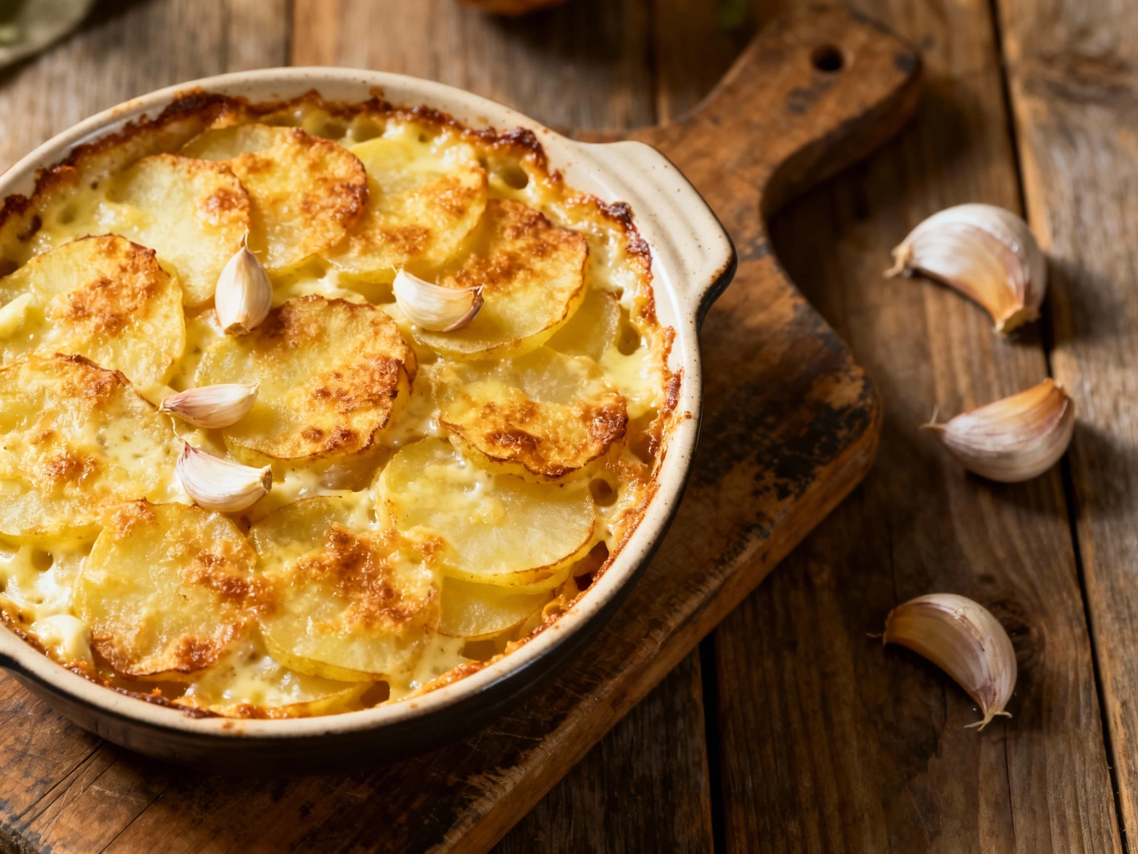 A golden-brown gratin dauphinois bakes in a rustic ceramic dish, its creamy potato layers infused with garlic and topped with a crispy crust, ready to be served warm.