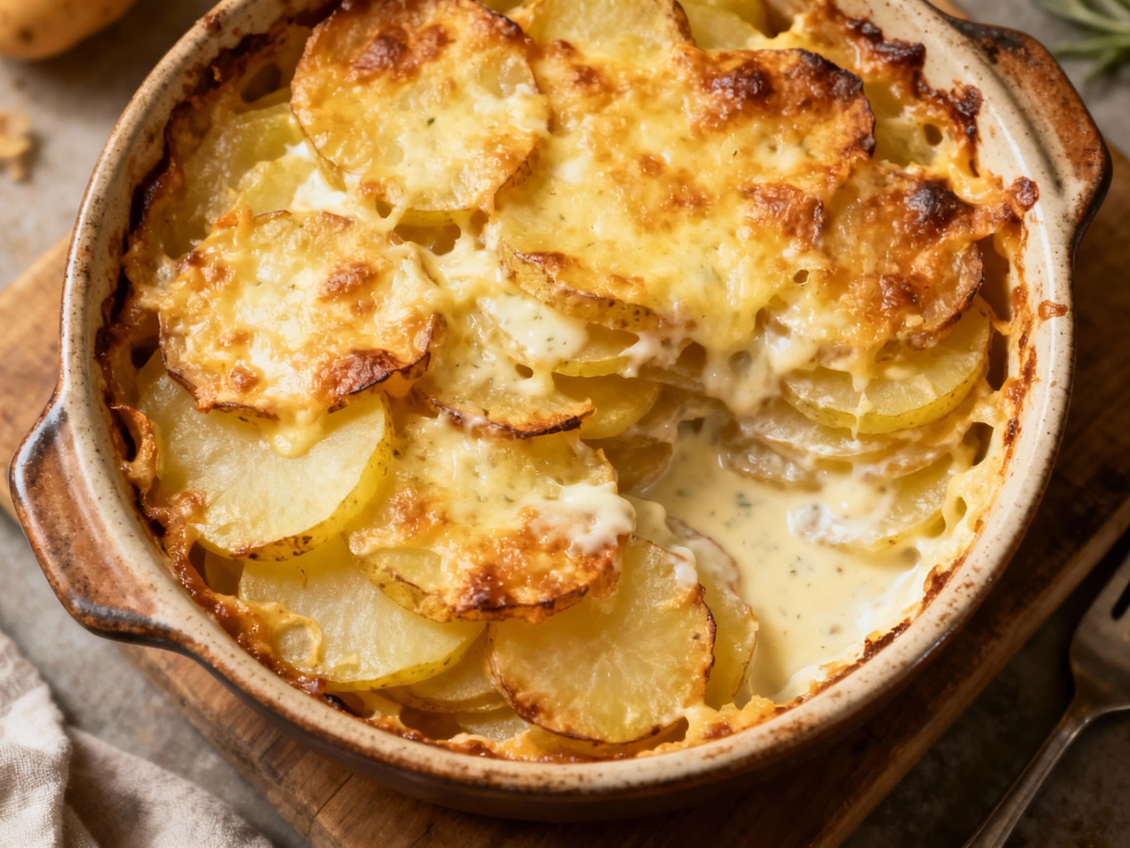 Golden-brown gratin dauphinois bubbles over with melting Gruyere cheese, a comforting and beautiful dish perfect for any occasion.