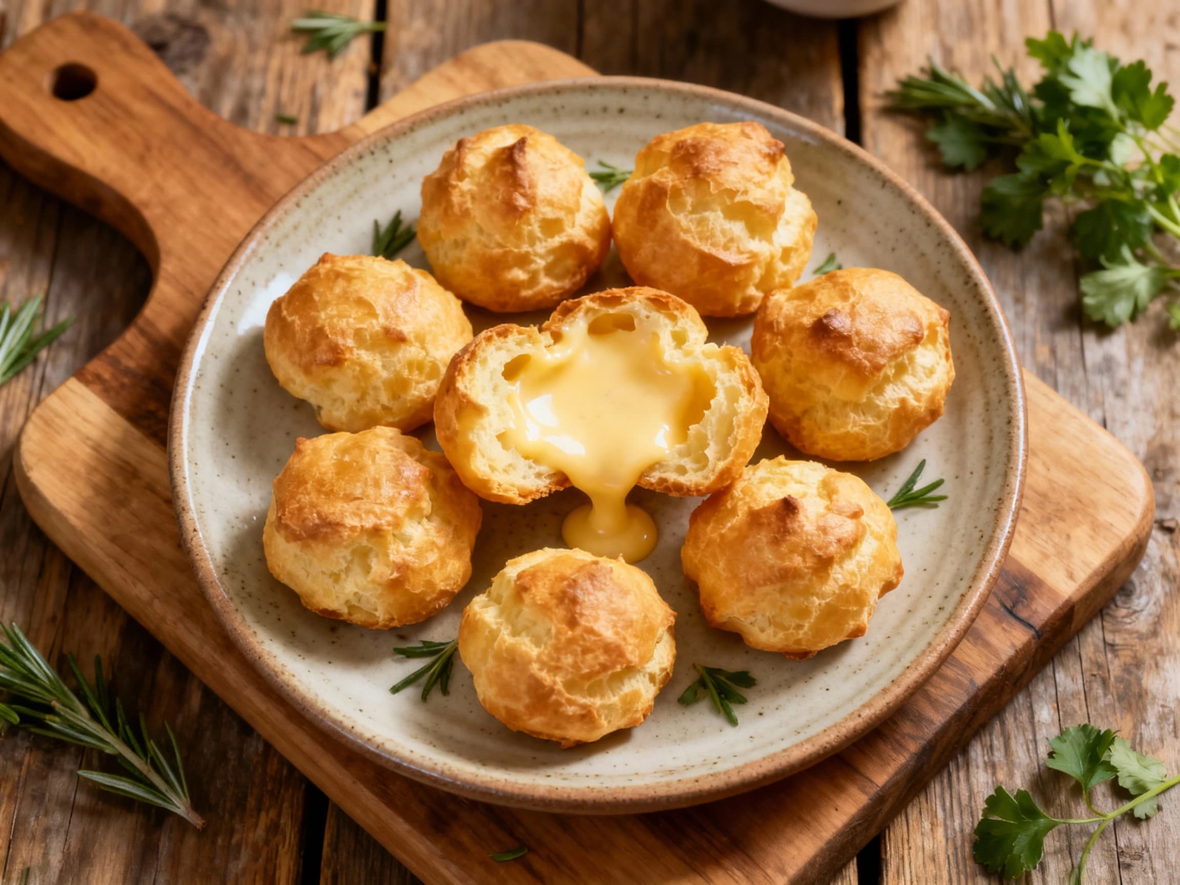 Warm, golden-brown mini gougères stuffed with gooey Gruyère fondue sit invitingly on a rustic wooden board, ready to be dipped.