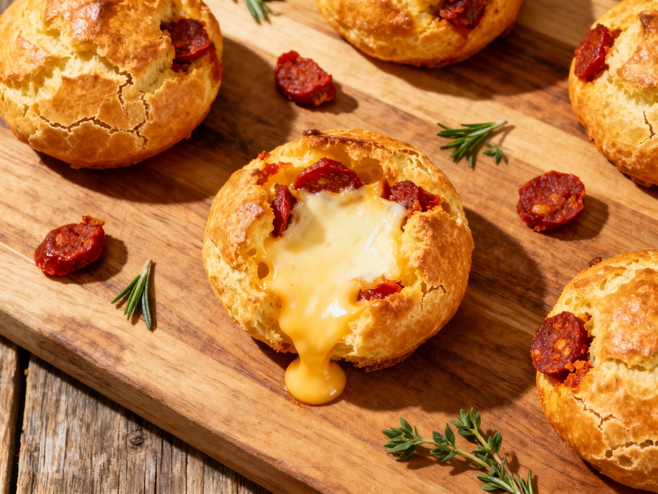 Golden-brown, airy gougères studded with spicy chorizo and topped with melted Manchego cheese are artfully arranged on a rustic wooden board, dusted lightly with paprika.