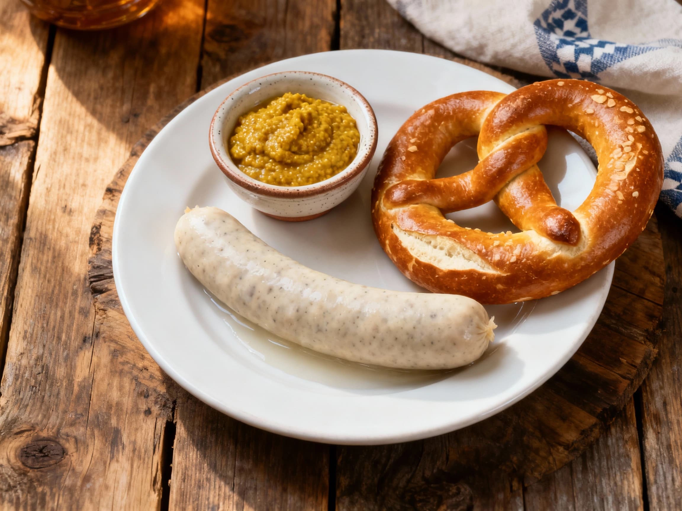 Classic Münchner Weißwurst (poached) with süßer Senf & pretzel