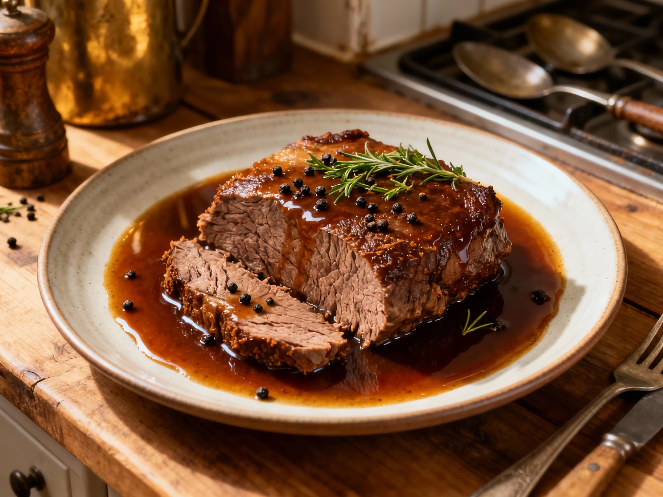 Sous-vide Sauerbraten with concentrated gingerbread jus