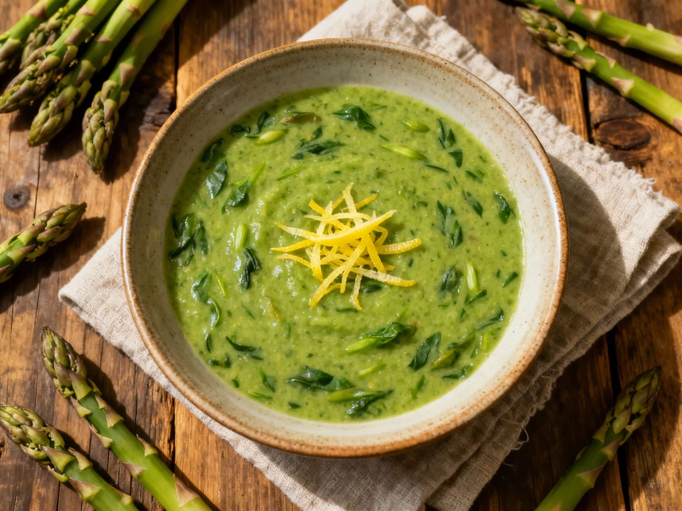 Spring Greens and Asparagus Soup with Lemon Zest
