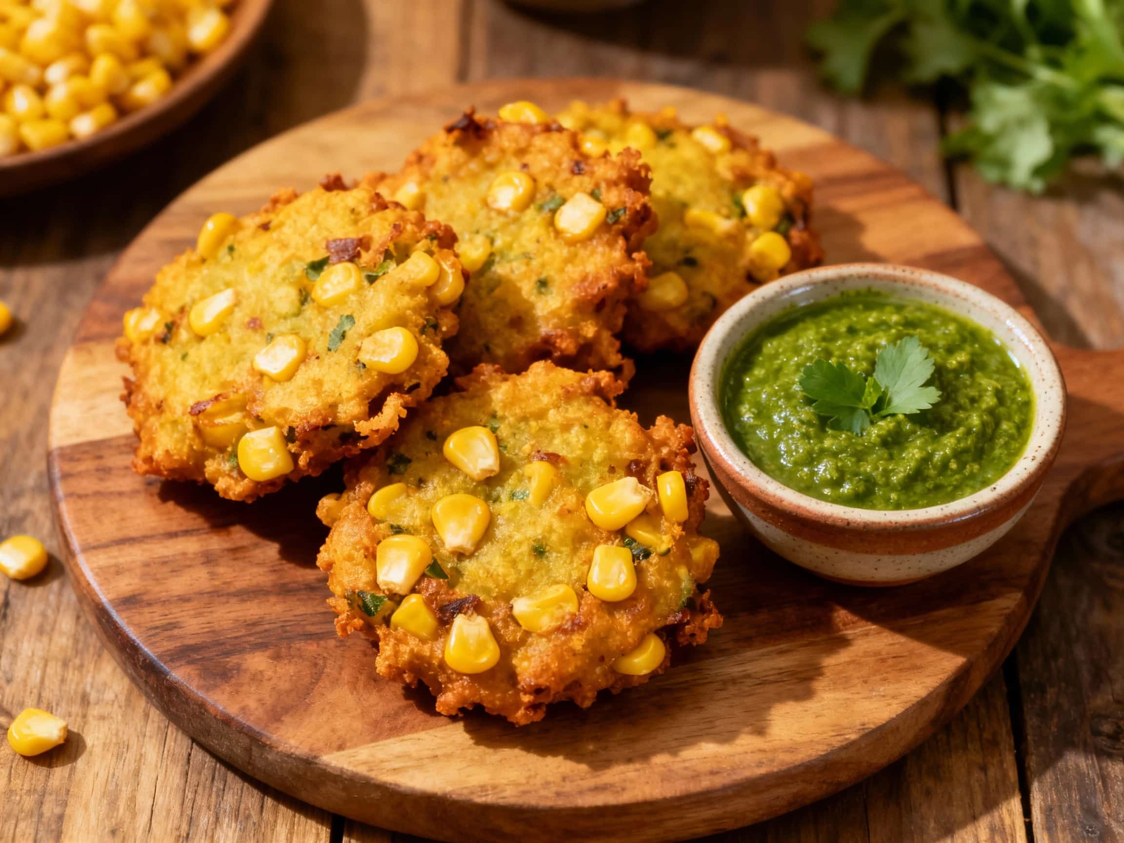 Masala Corn Fritters with Green Chutney