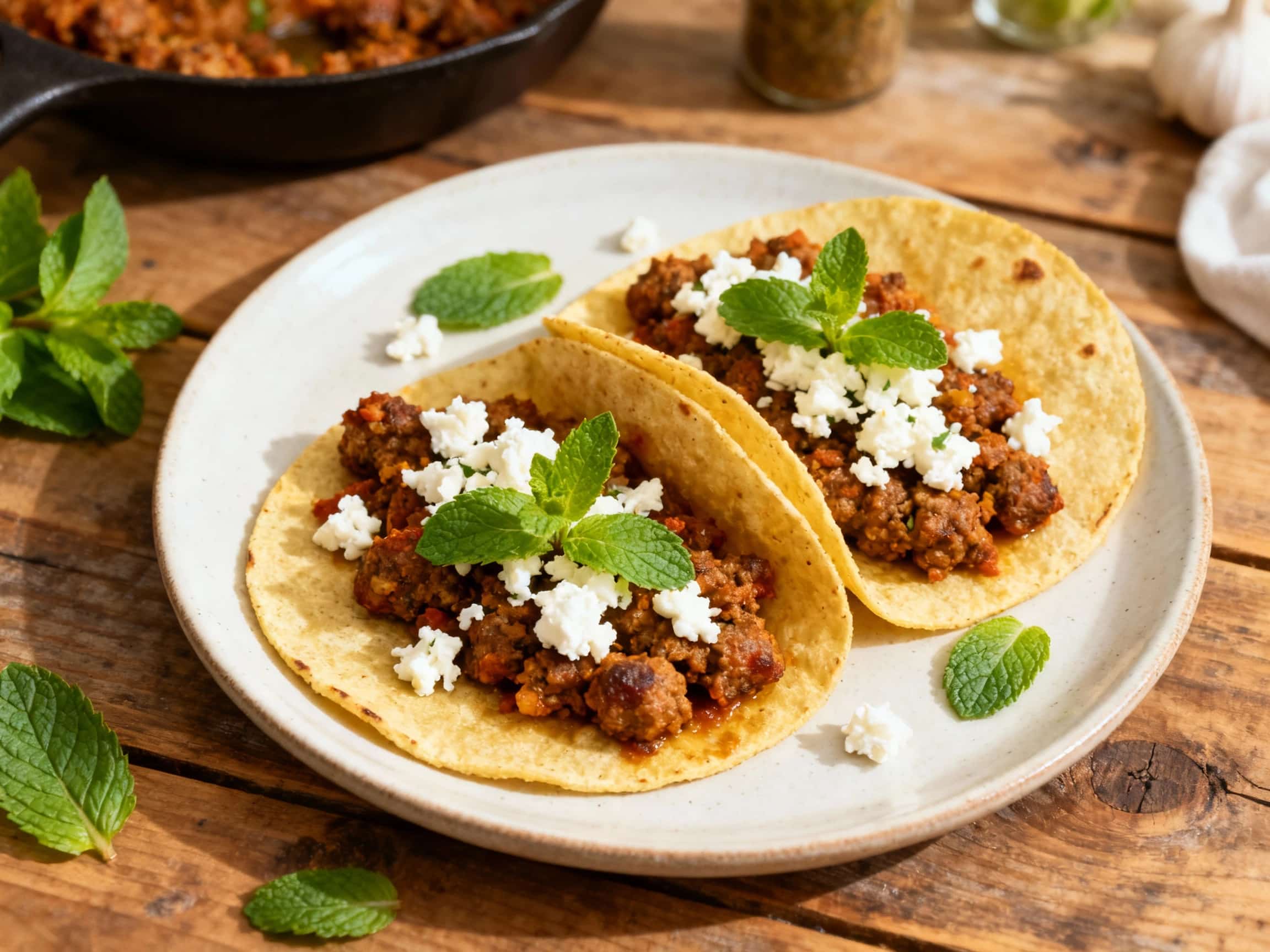 Lamb Chorizo Tacos with Feta and Mint