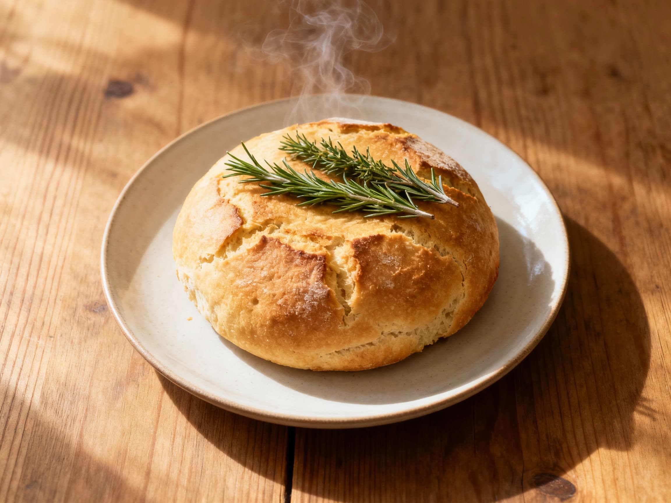 Golden-brown, rustic dampler bread is baked until puffed and airy, then sits whole on a black wooden board, brushed with butter, and sprinkled with fragrant bush herbs.