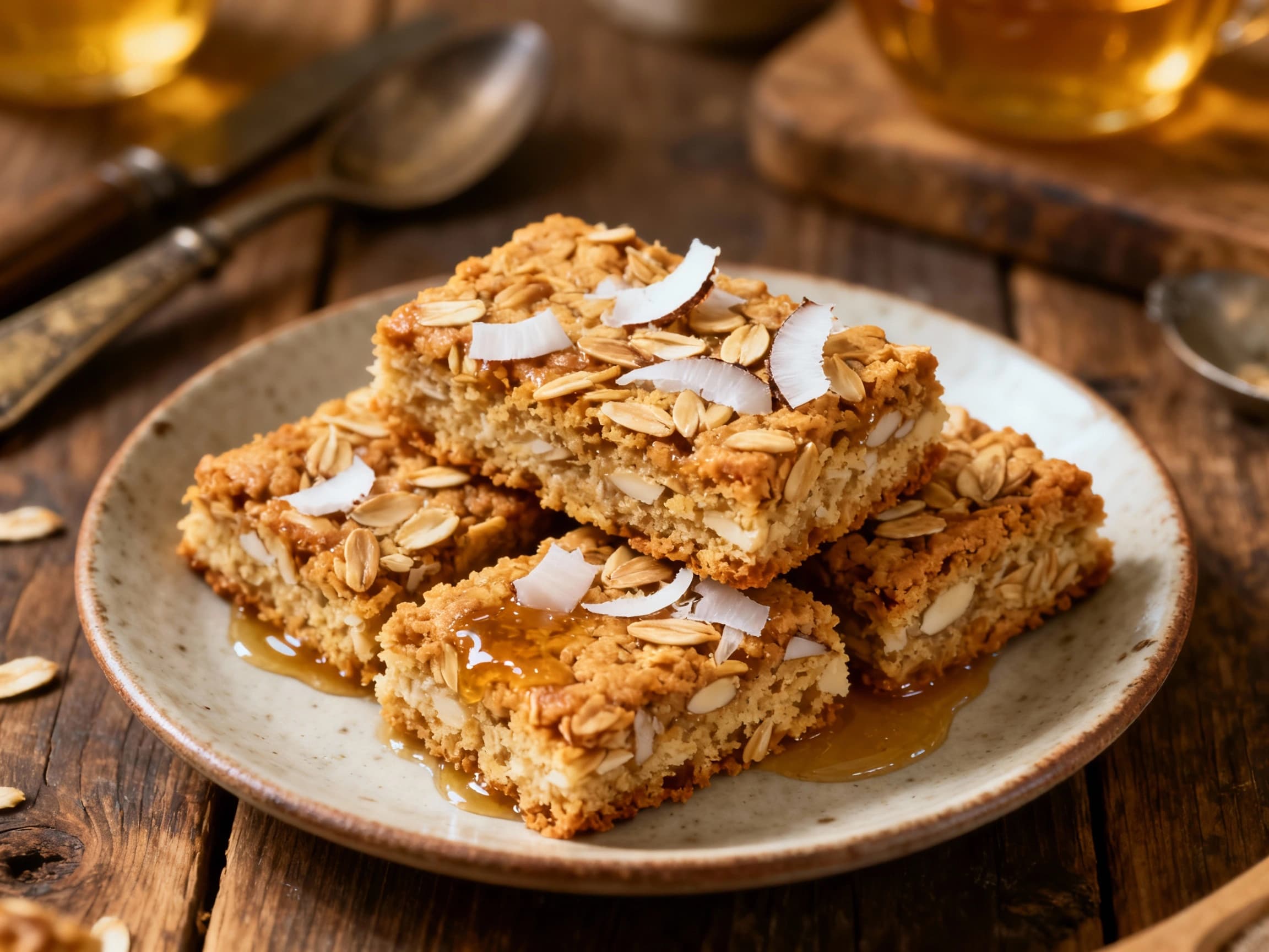 Golden-brown baked Anzac biscuit bars topped with a scattering of flaky sea salt and a drizzle of golden syrup, presented on a clean white plate for a modern touch.