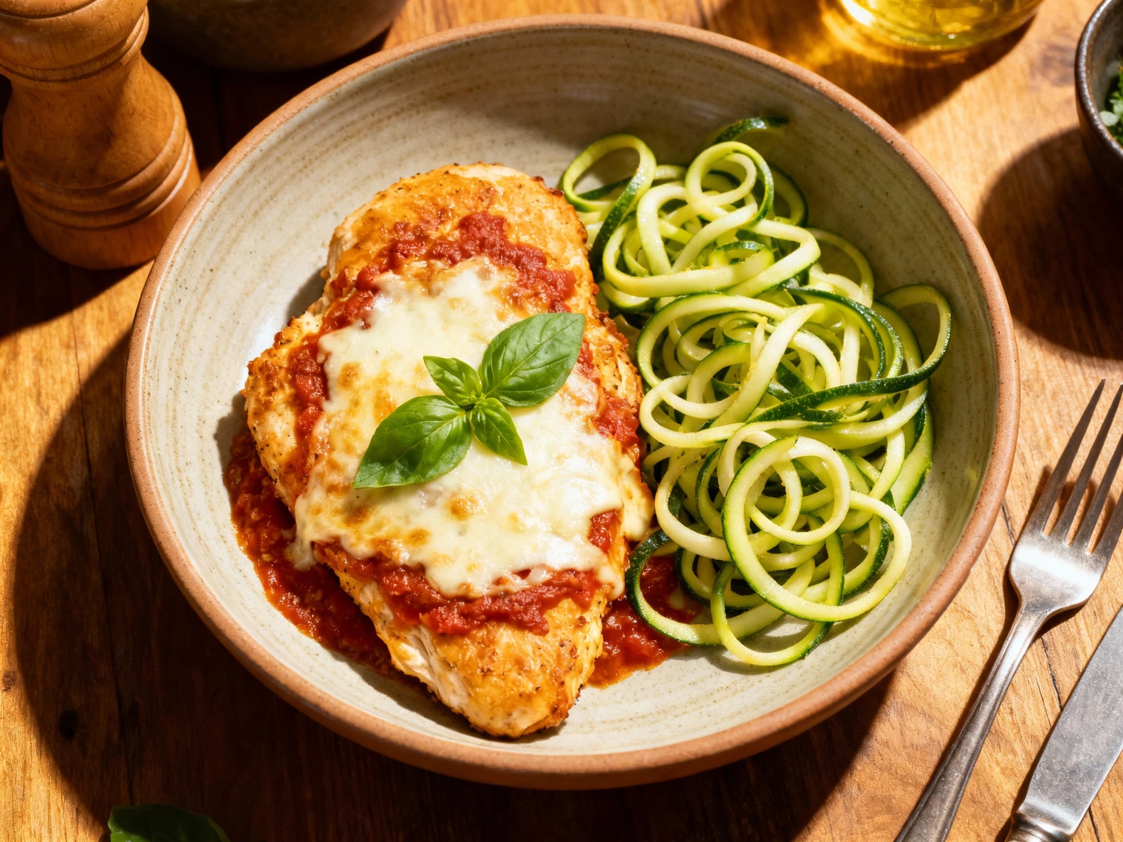A golden-brown chicken parmigiana rests atop vibrant green zucchini noodles, topped with melted mozzarella and fresh basil, served on a rustic wooden board.