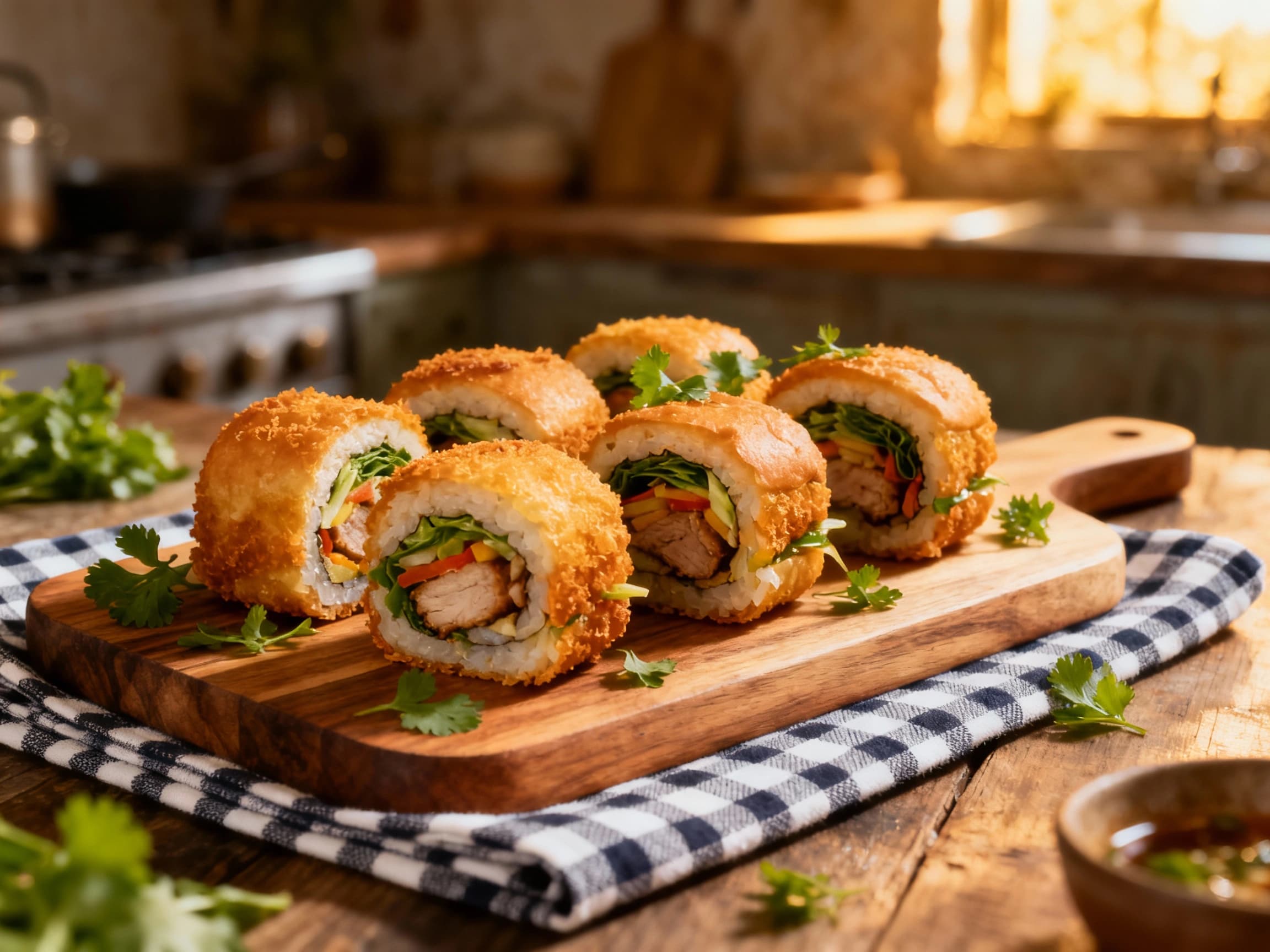 Golden brown, crispy Chiko rolls are nestled in miniature slider buns, topped with fresh lettuce and a drizzle of aioli, creating a visually appealing and savory bite-sized appetizer.