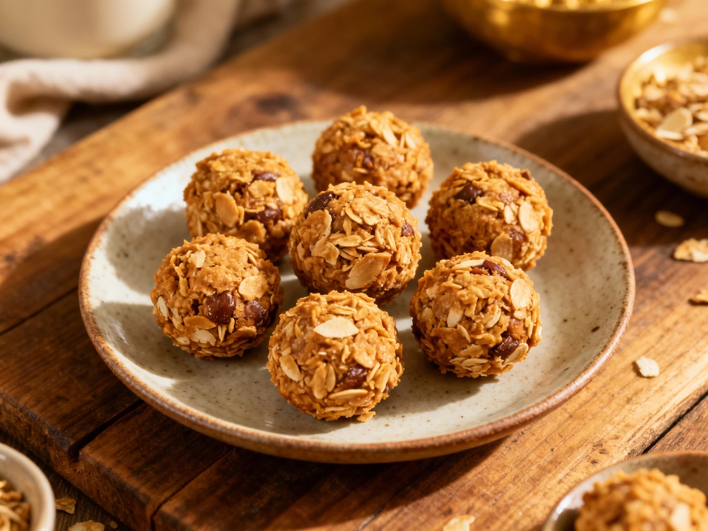 Golden-brown, bite-sized Anzac cookie truffles dusted with toasted coconut sit nestled on a rustic wooden board, creating a warm and inviting treat.