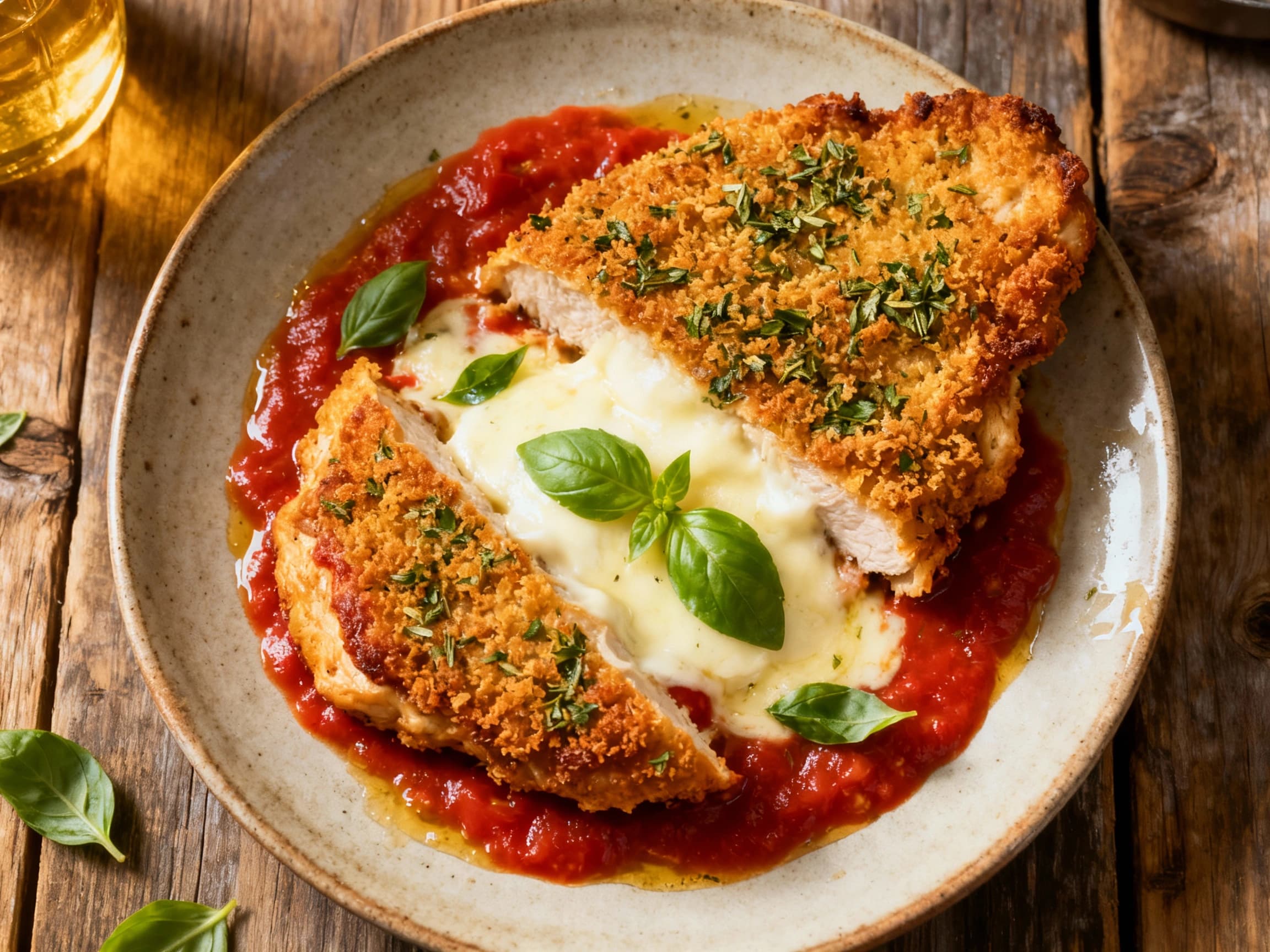 A golden-brown chicken parma, coated in crispy herbs and topped with melted mozzarella and rich tomato sauce, is served on a white plate garnished with fresh basil.