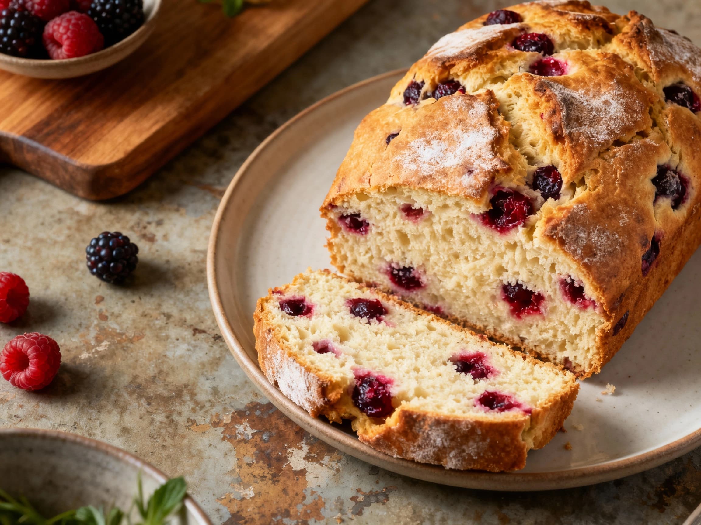 A golden-brown, rustic damper loaf studded with sweet berries rests on a wooden board, lightly dusted with powdered sugar and garnished with fresh mint sprigs.