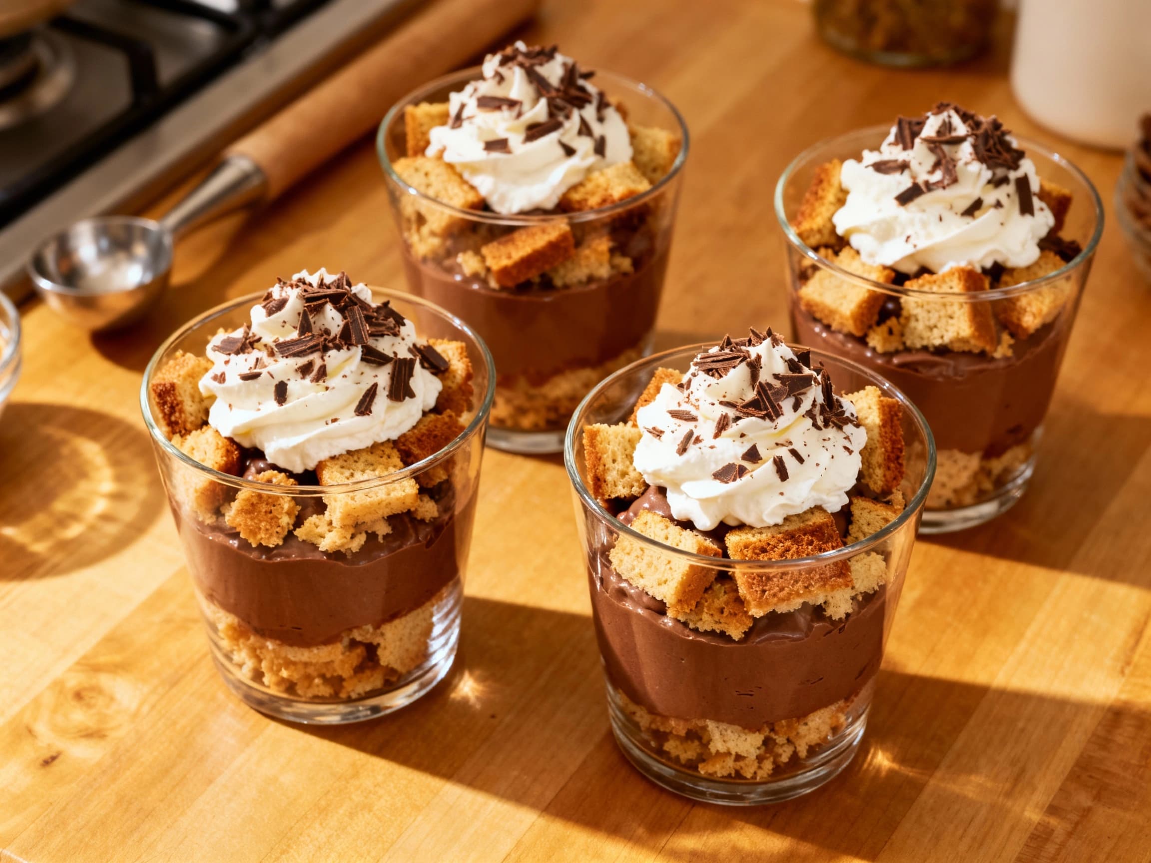 Individual dessert cups are filled with layers of crumbled chocolate cake, whipped cream, and colorful sprinkles, creating a festive and whimsical treat.