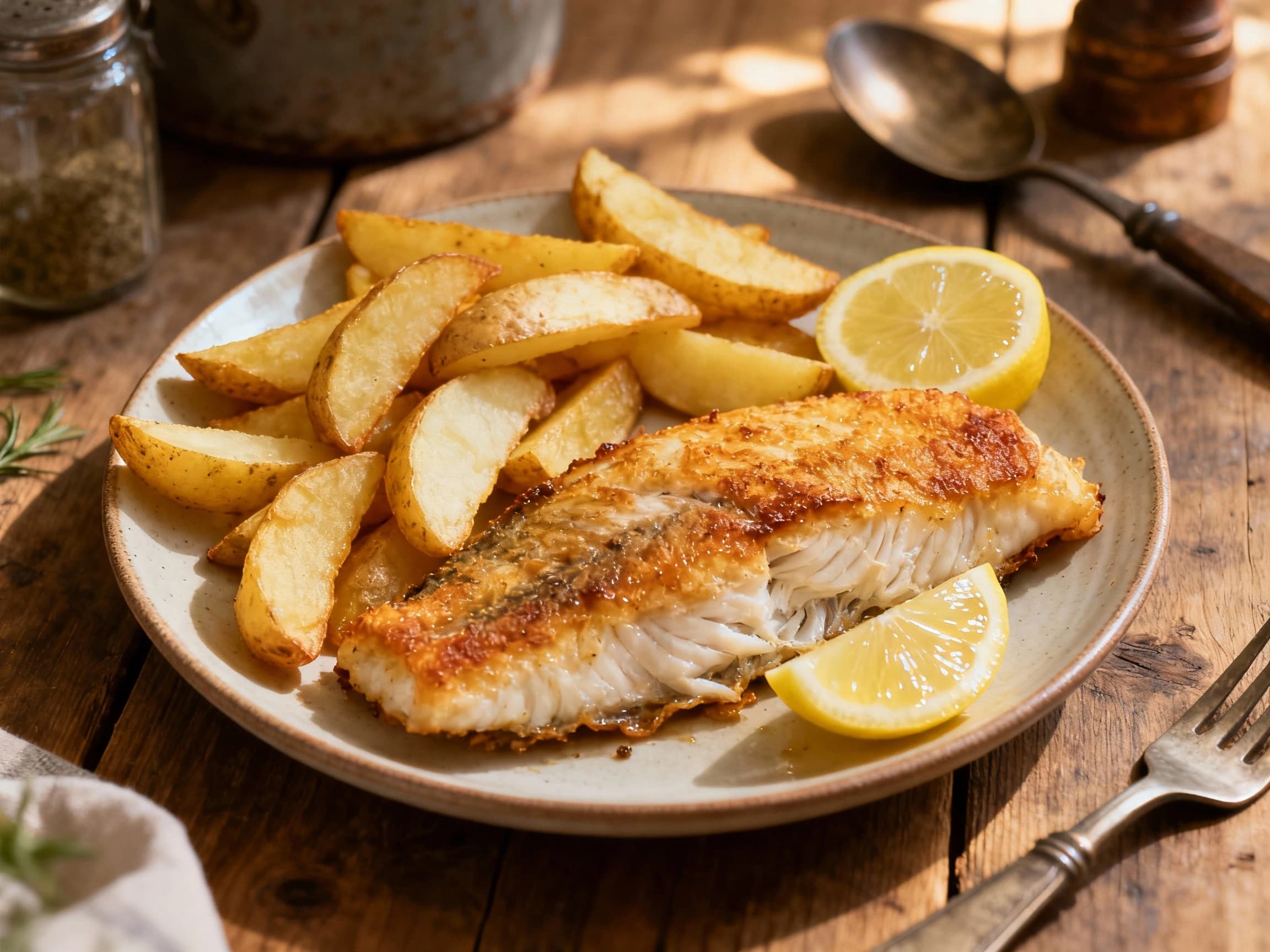 Golden-brown baked cod fillets with crisp potato wedges sit on parchment paper, garnished with fresh parsley and lemon slices, ready for a healthy take on a classic.