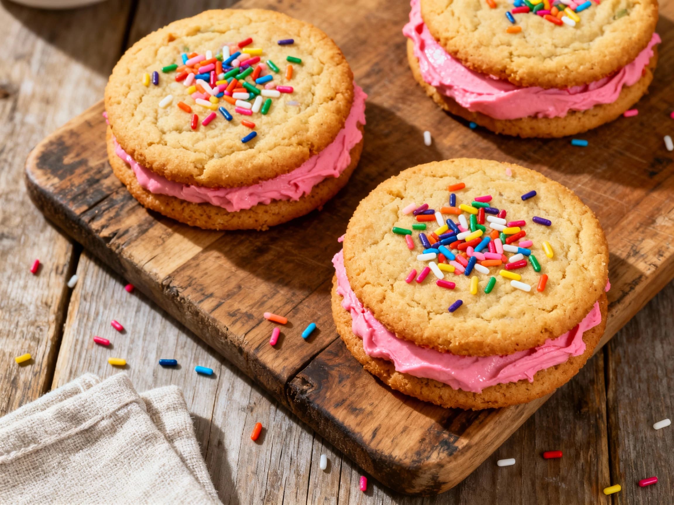 Sweet, colorful fairy bread cookies are sandwiched together with creamy white frosting and sprinkled with rainbow jimmies for a whimsical dessert.