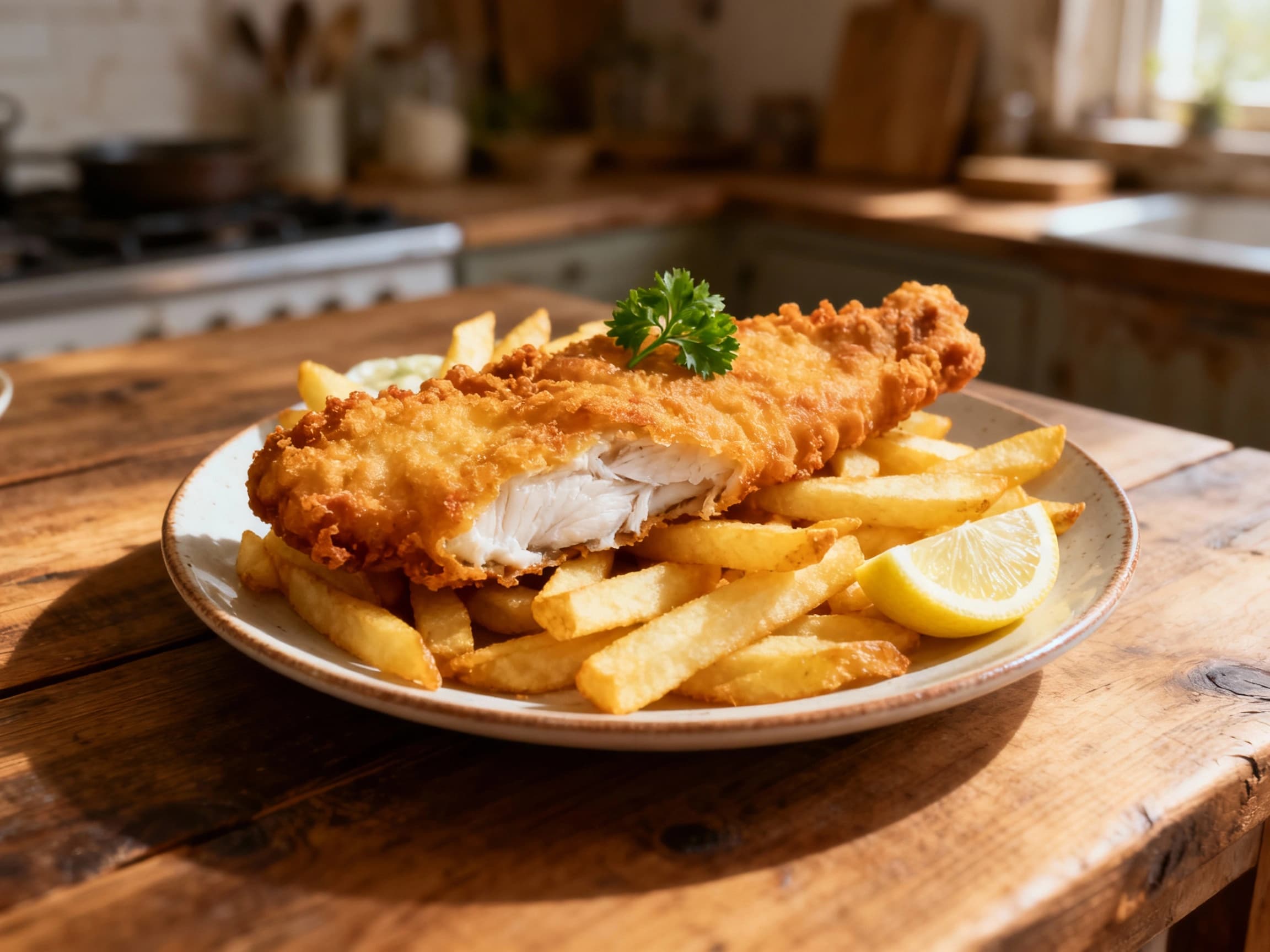 Golden-brown, crispy beer-battered fish fillets sit atop a pile of thick-cut, hand-cut fries, ready to be enjoyed with a side of tartar sauce.