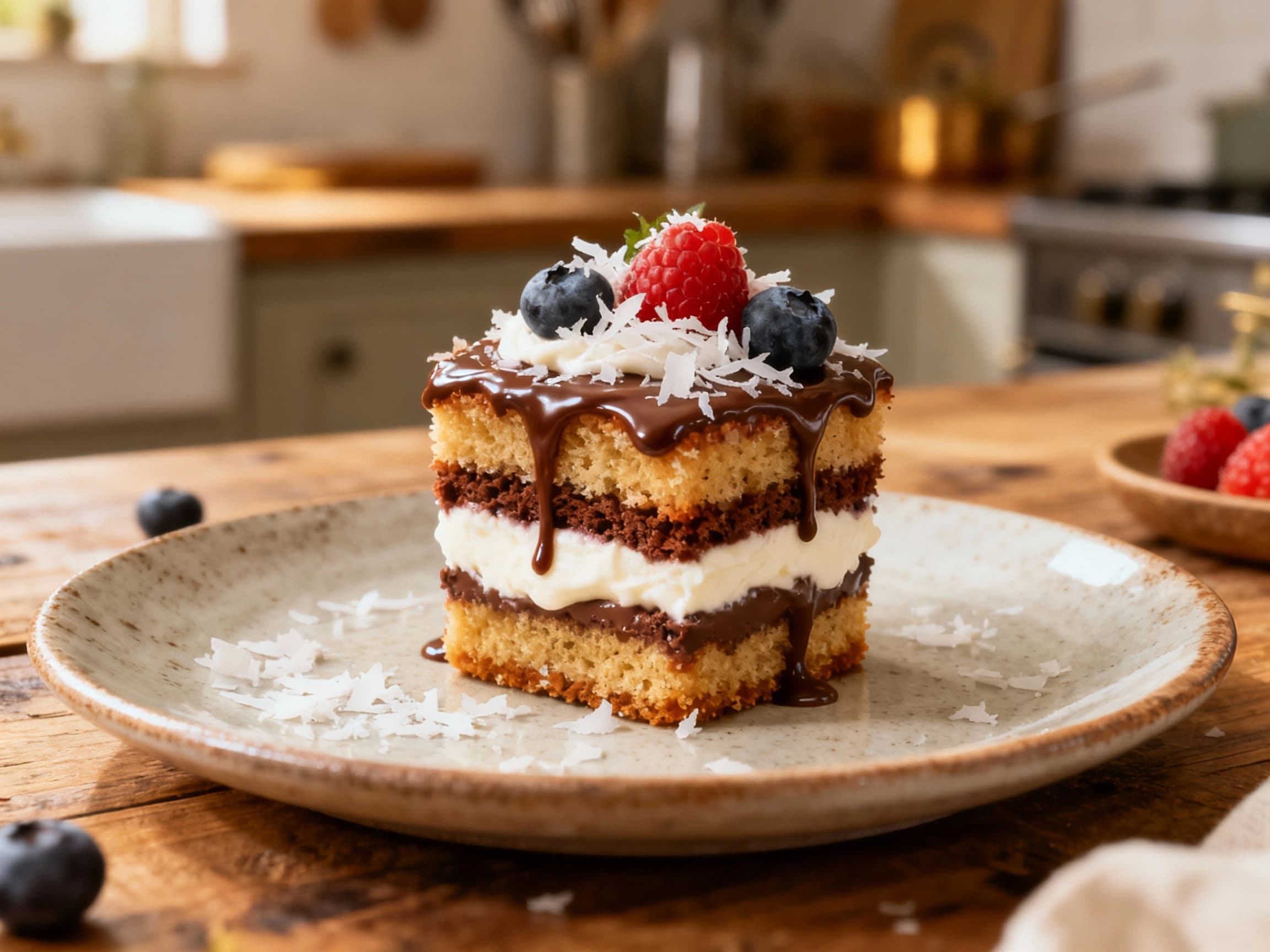 Fluffy mini lamingtons mingle with dark chocolate custard and fresh whipped cream in charming glasses, topped with sprinkles for a delightful dessert.