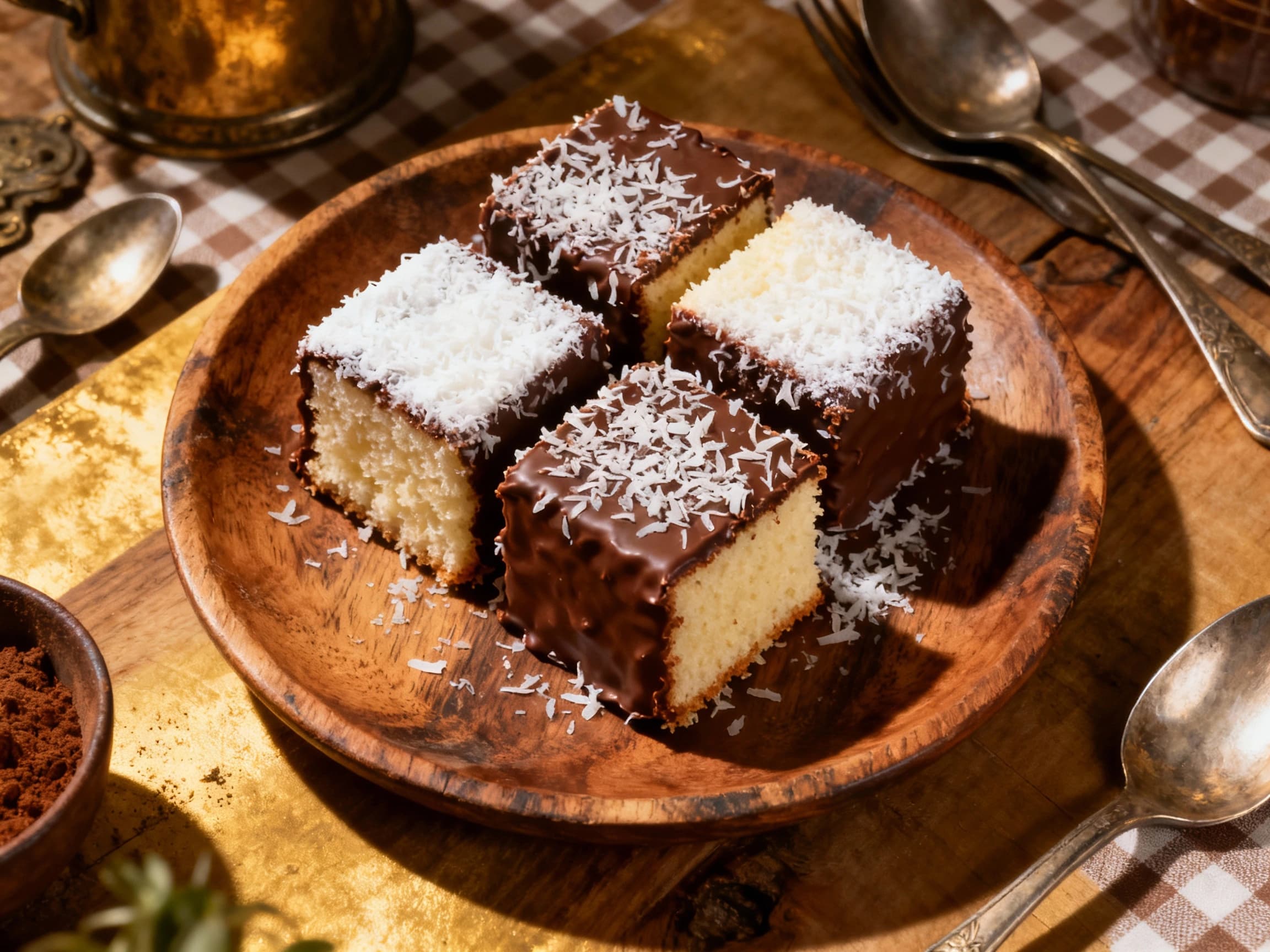 A golden sponge cake, generously coated in rich chocolate icing and rolled in desiccated coconut, sits invitingly on a white plate, ready to be enjoyed.