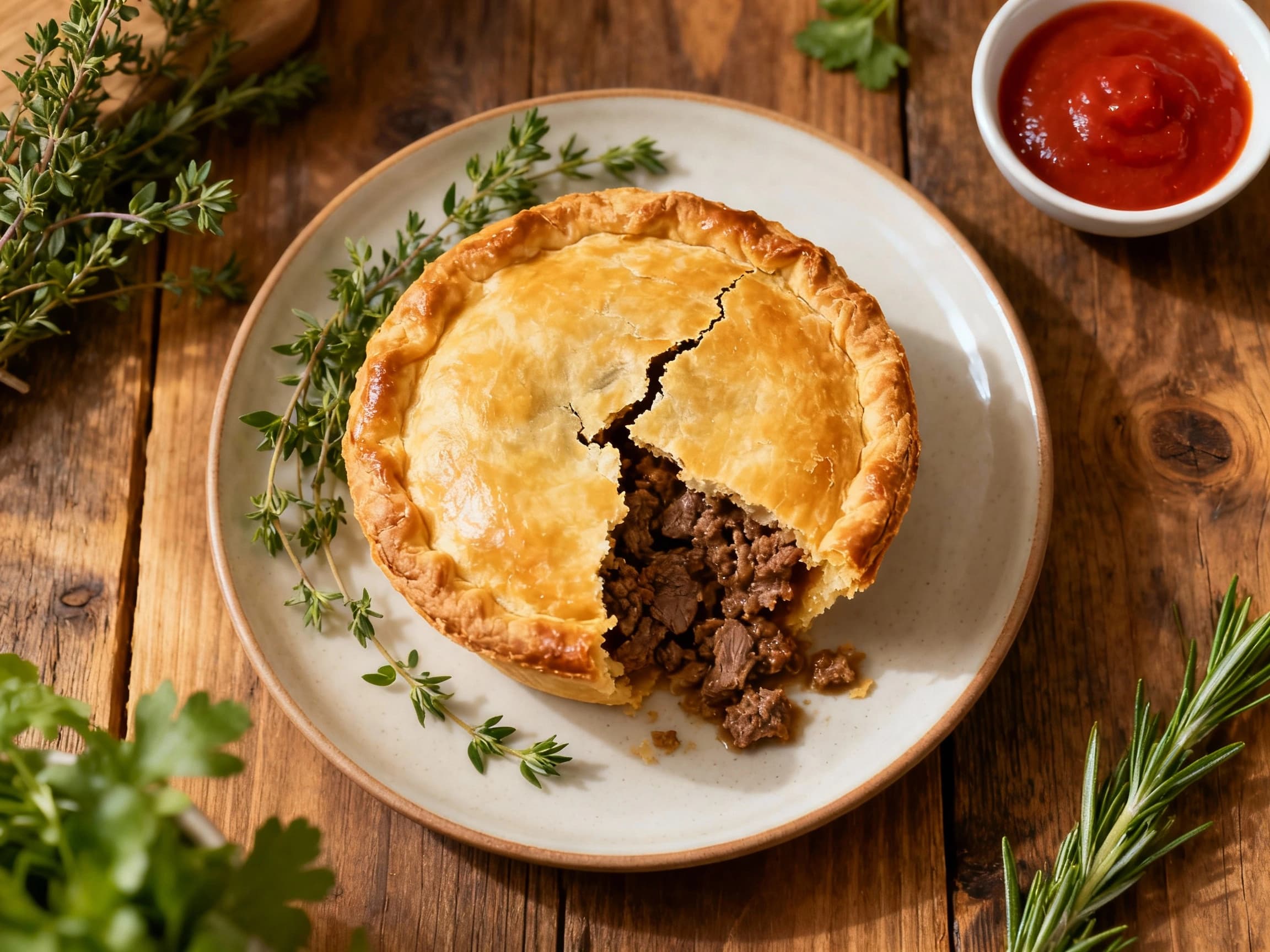 A golden-brown, round meat pie sits on a rustic wooden board, steam gently rising, hinting at its savory, hearty filling.