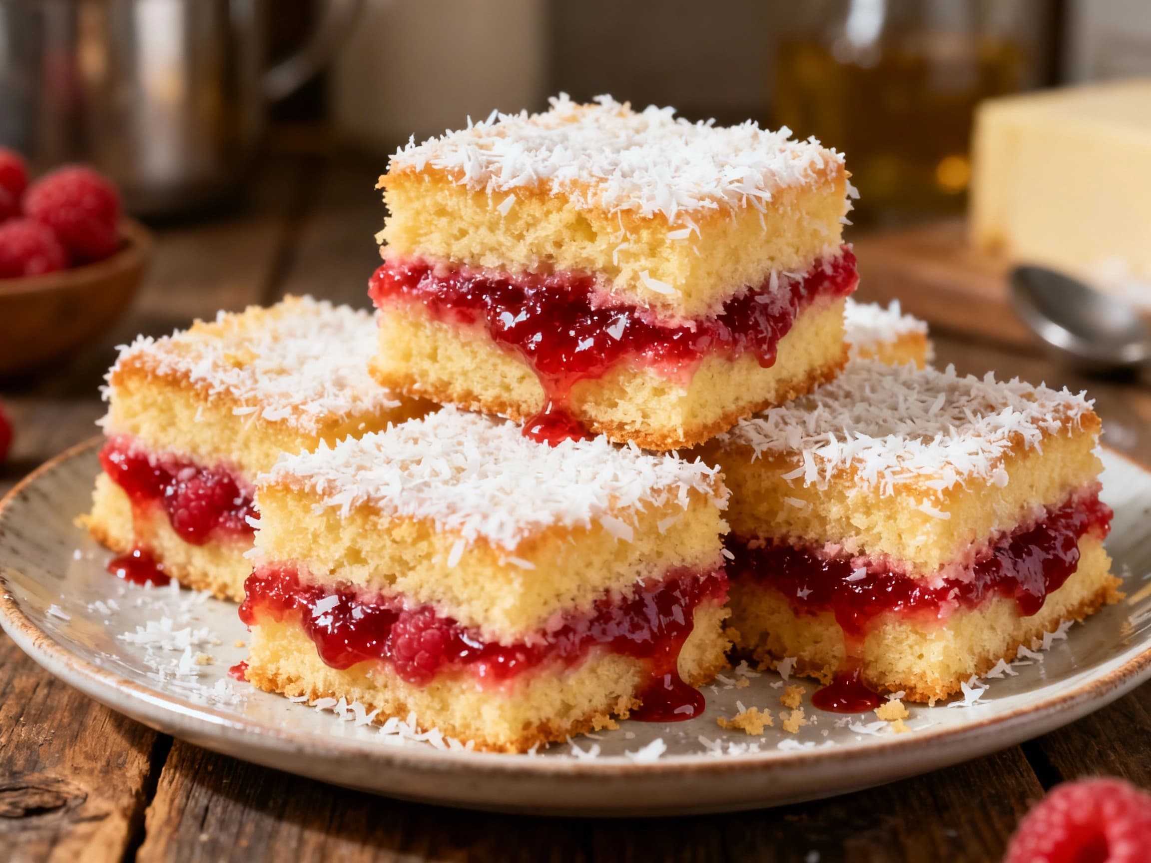 Fluffy vanilla sponge cake squares coated in chocolate and rolled in desiccated coconut, with a vibrant raspberry jam filling peeking out the sides.
