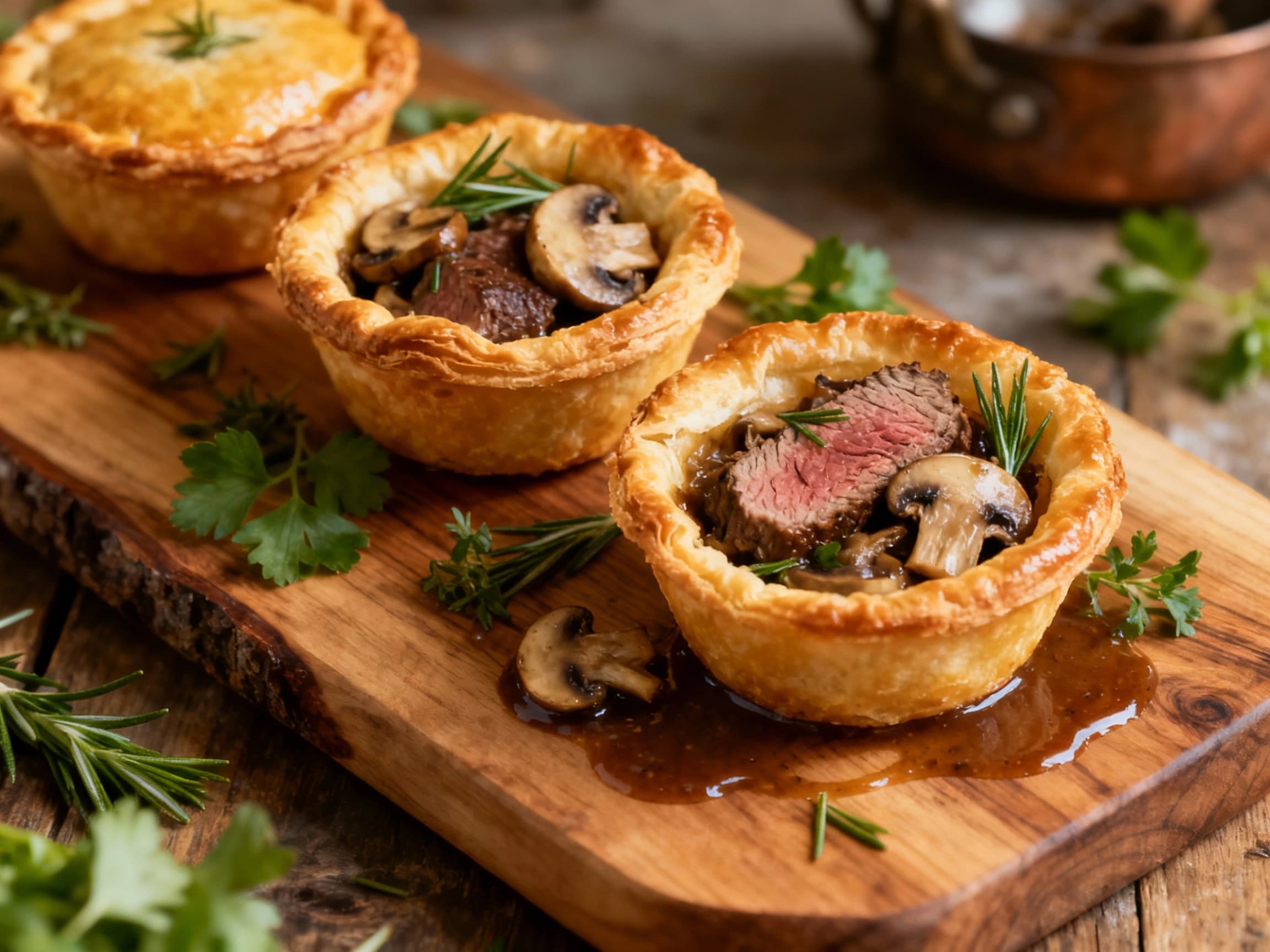 Golden-brown individual steak and mushroom pies glisten under warm light, nestled on a rustic wooden board, ready to be enjoyed.