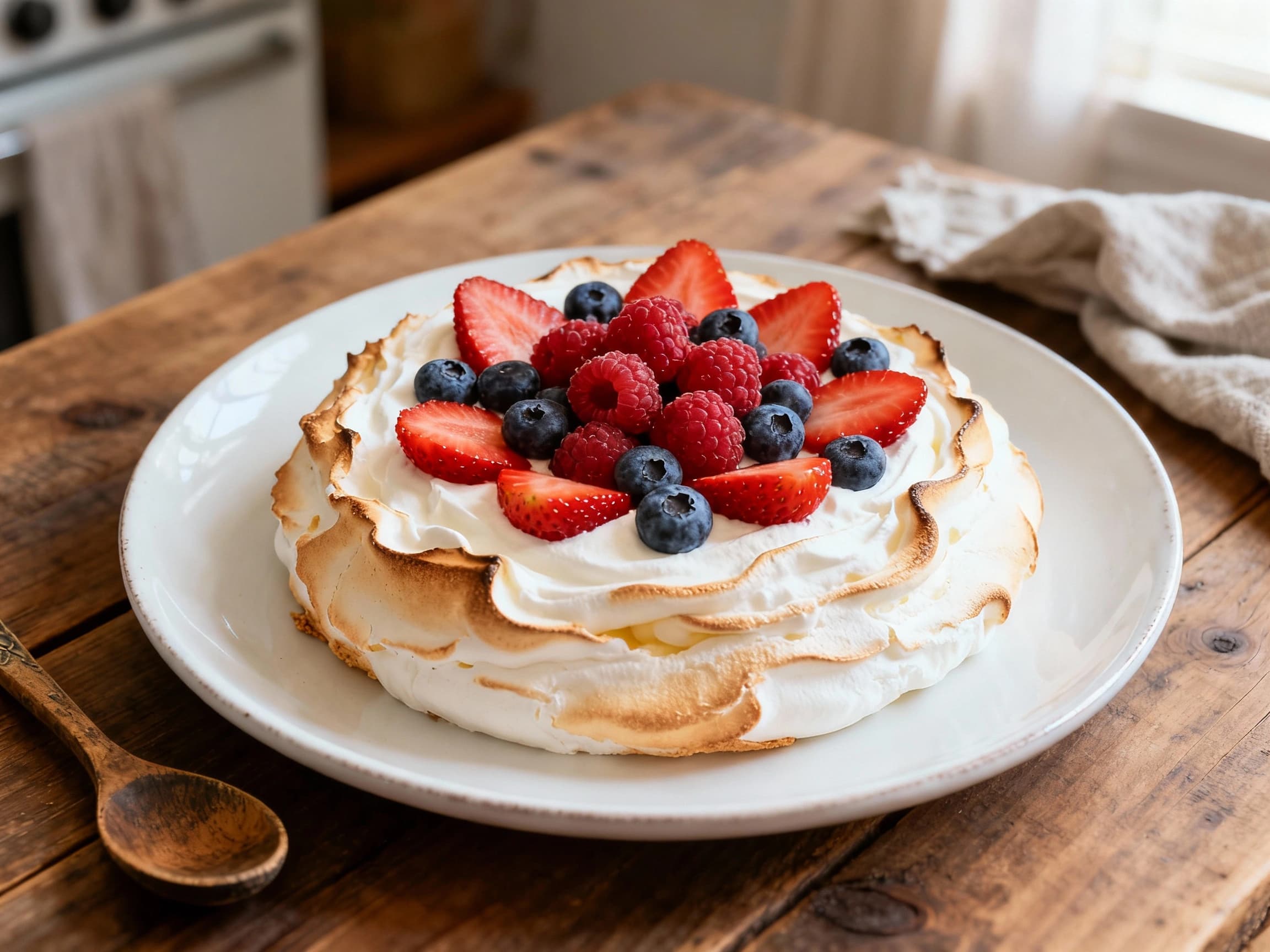 A stunning pavlova sits proudly on a white platter, its crisp meringue shell adorned with vibrant fresh berries and a dollop of whipped cream.