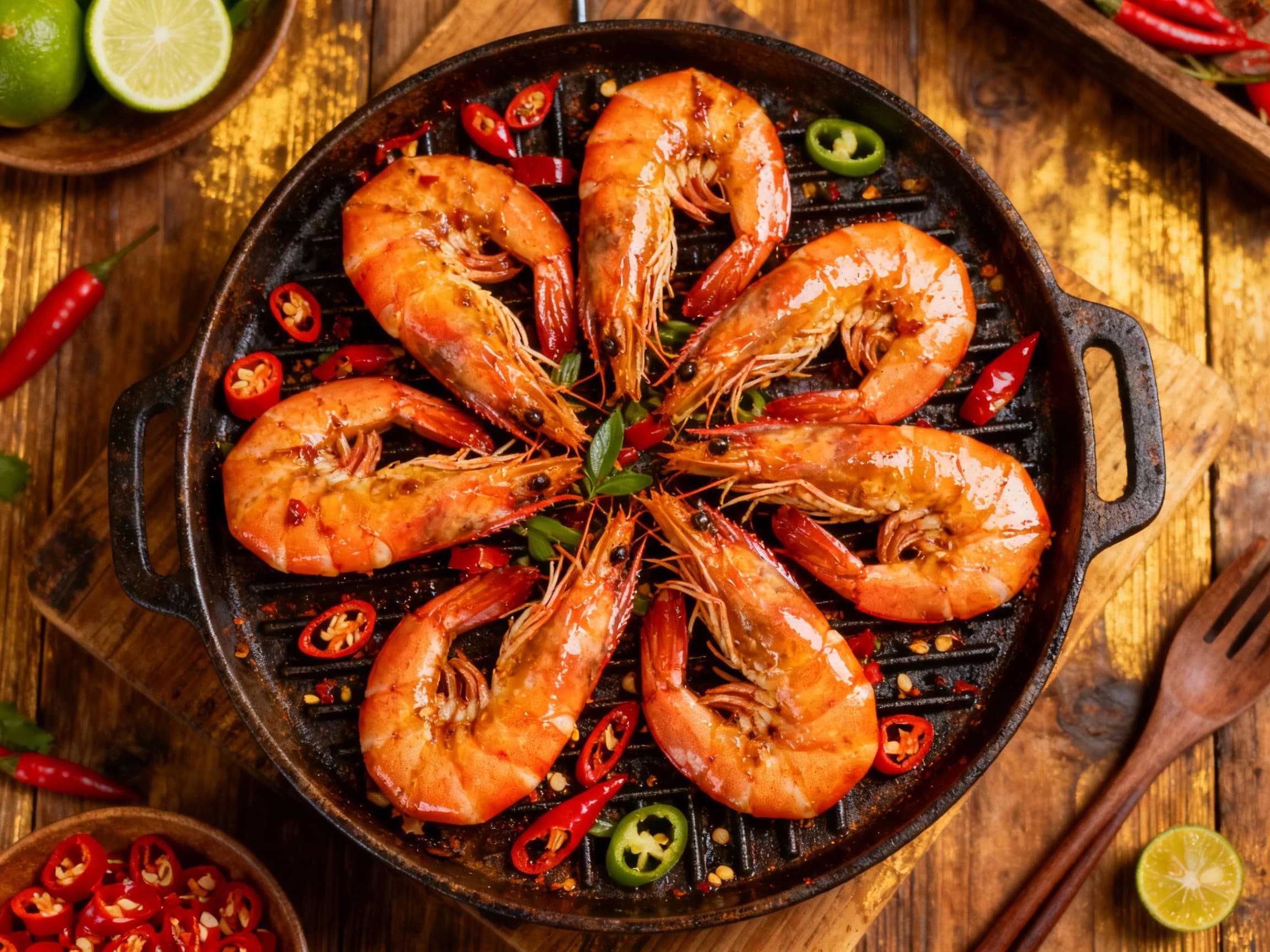 Juicy grilled prawns are glistening with a spicy chilli-lime glaze, artfully arranged on a white platter with fresh cilantro scattered over the top, ready to be enjoyed.