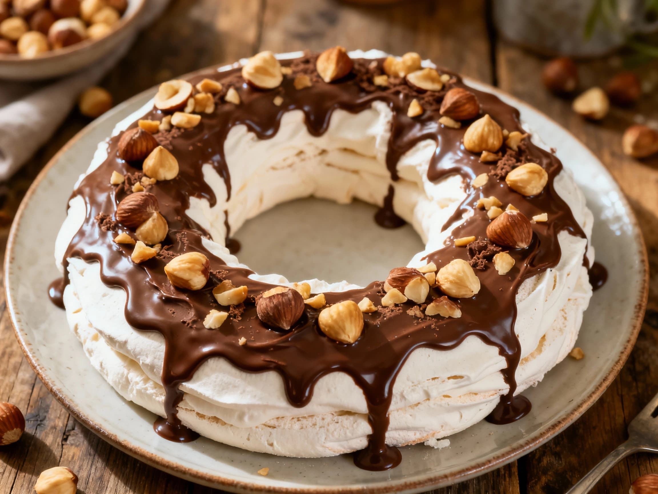 A stunning chocolate hazelnut pavlova wreath, dusted with cocoa powder and adorned with glossy chocolate ganache and toasted hazelnuts, sits invitingly on a dark surface.