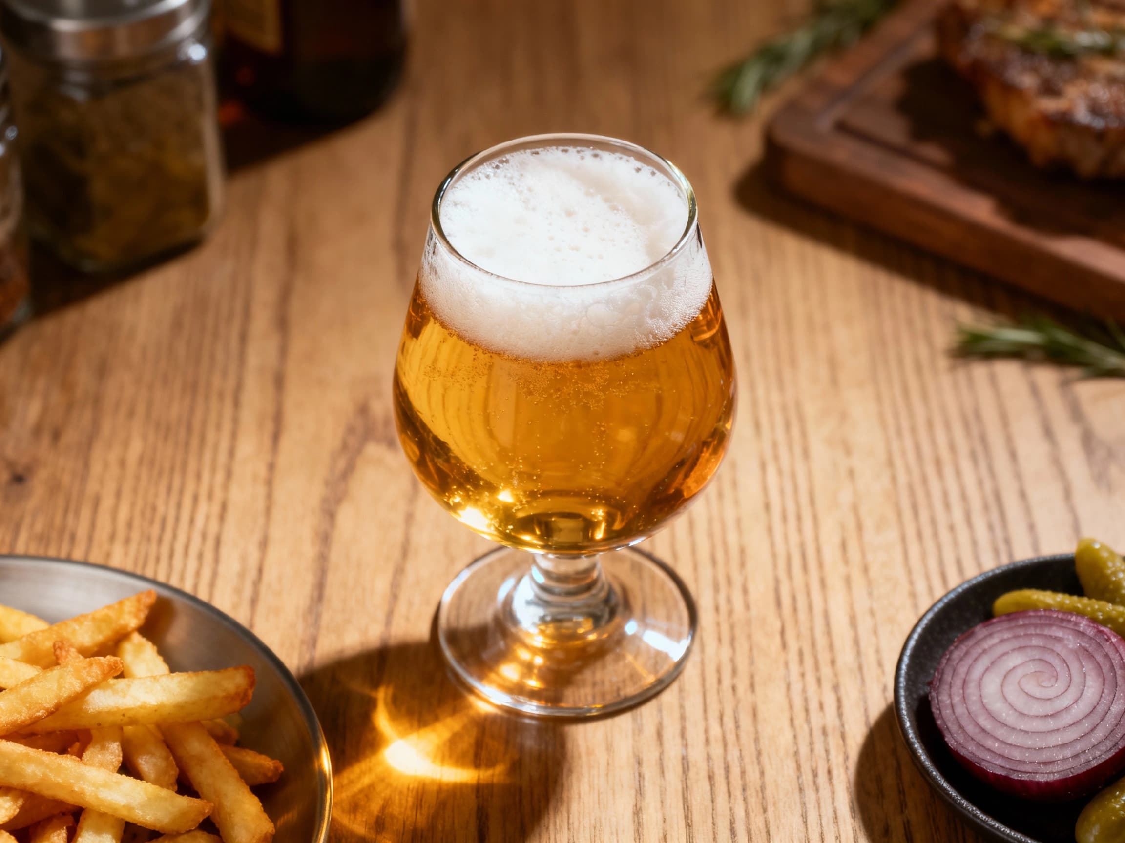 A tall, frosty schooner glass overflows with golden, bubbly beer, condensation beading on the outside under bright, inviting light.