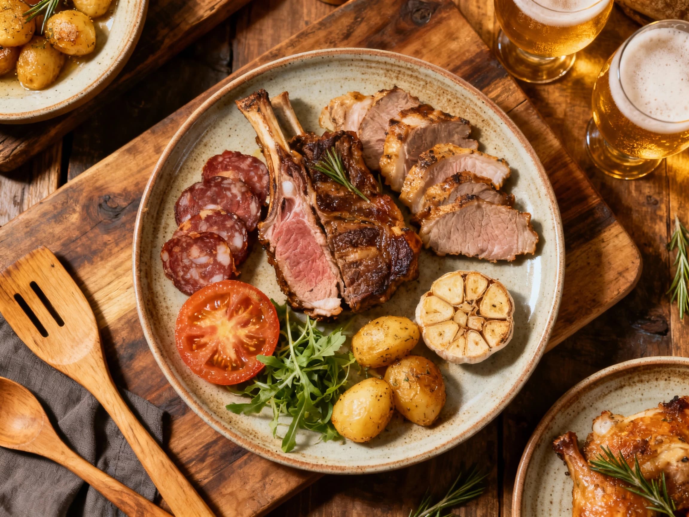 A rustic wooden board overflows with a savory selection of artisanal cheeses, cured meats, pickled vegetables, and crusty bread, artfully arranged for a delightful beer pairing experience.