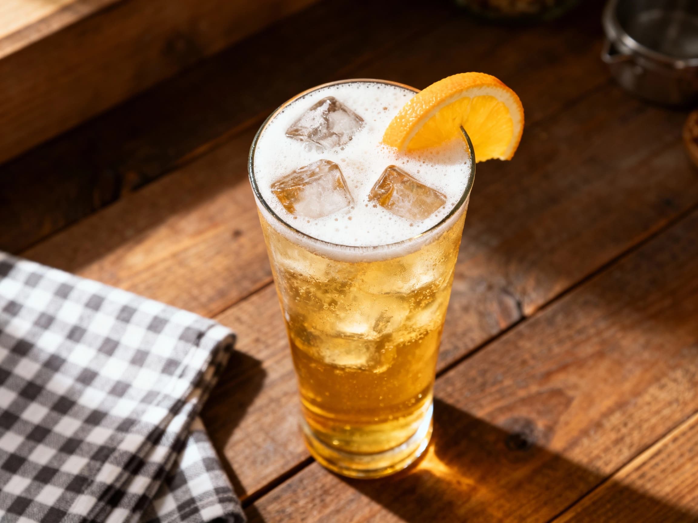 A tall, frosty glass filled with a golden beer cocktail, topped with a frothy head and garnished with a lime wheel, sits invitingly on a wooden surface.