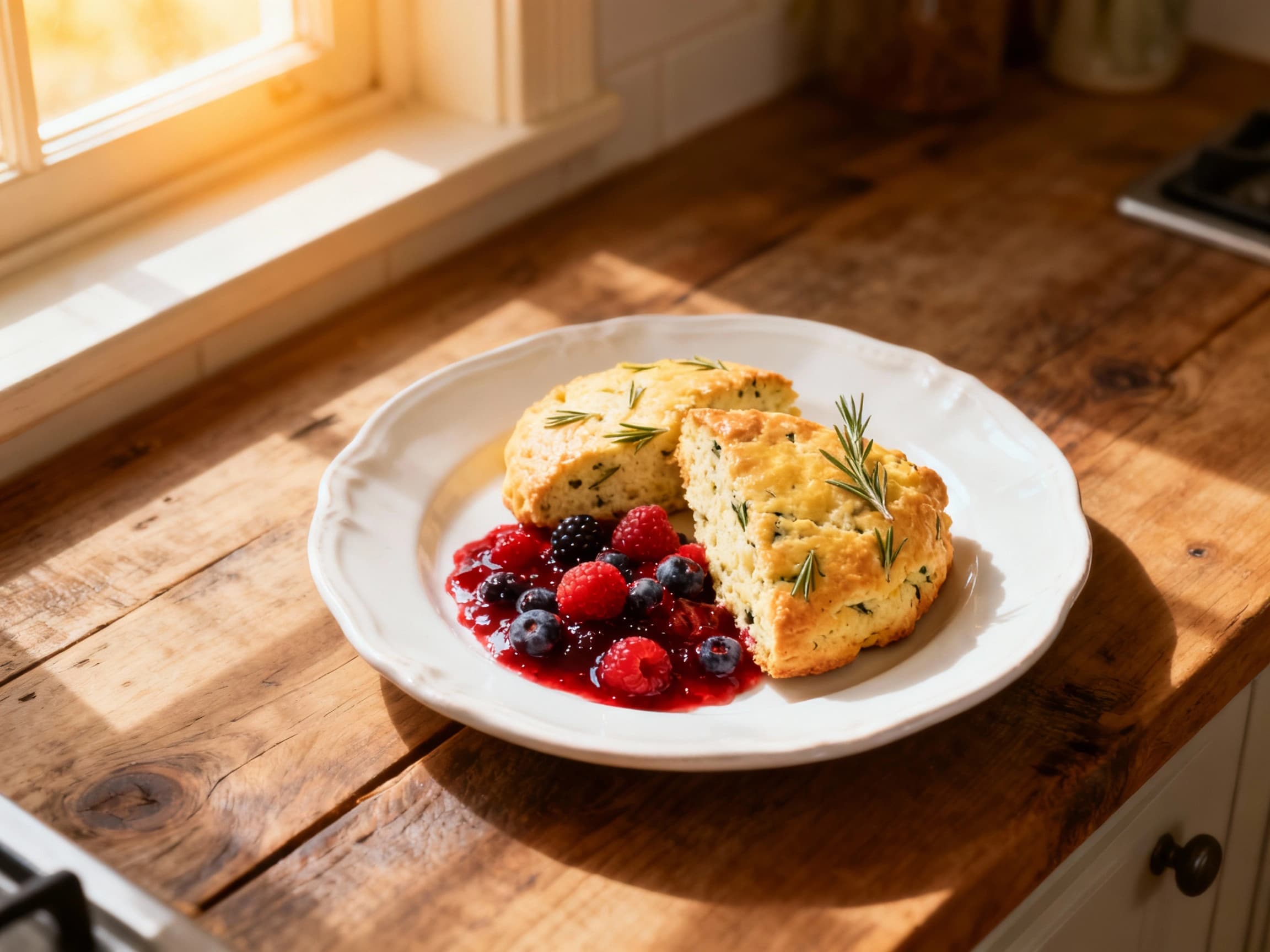 Golden brown lemon thyme scones, lightly dusted with powdered sugar, are served with a vibrant, jewel-toned berry compote on a rustic wooden board.