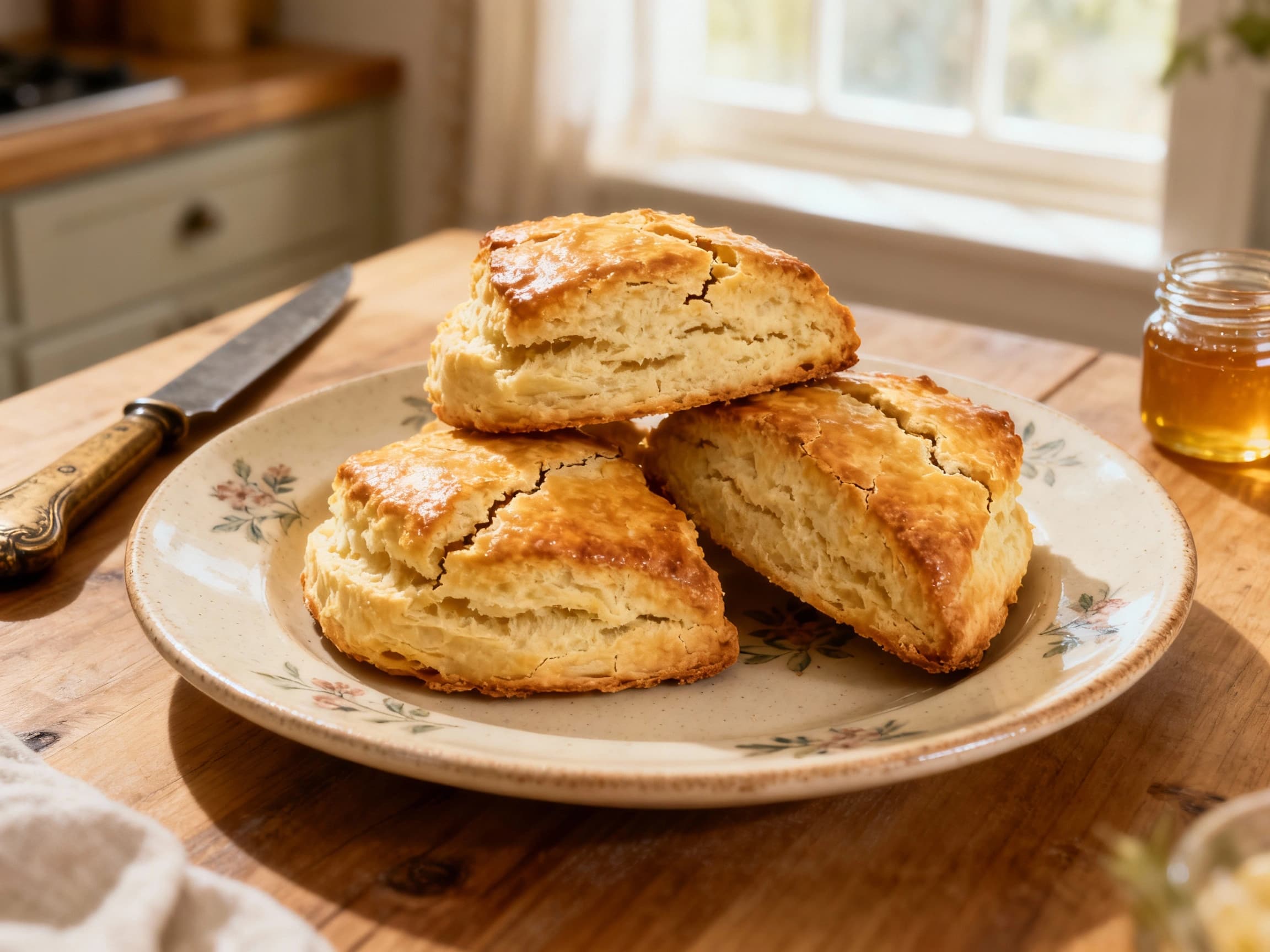 Golden-brown buttermilk scones sit on a rustic wooden board, dusted with powdered sugar and served with a dollop of clotted cream and a small bowl of strawberry jam.