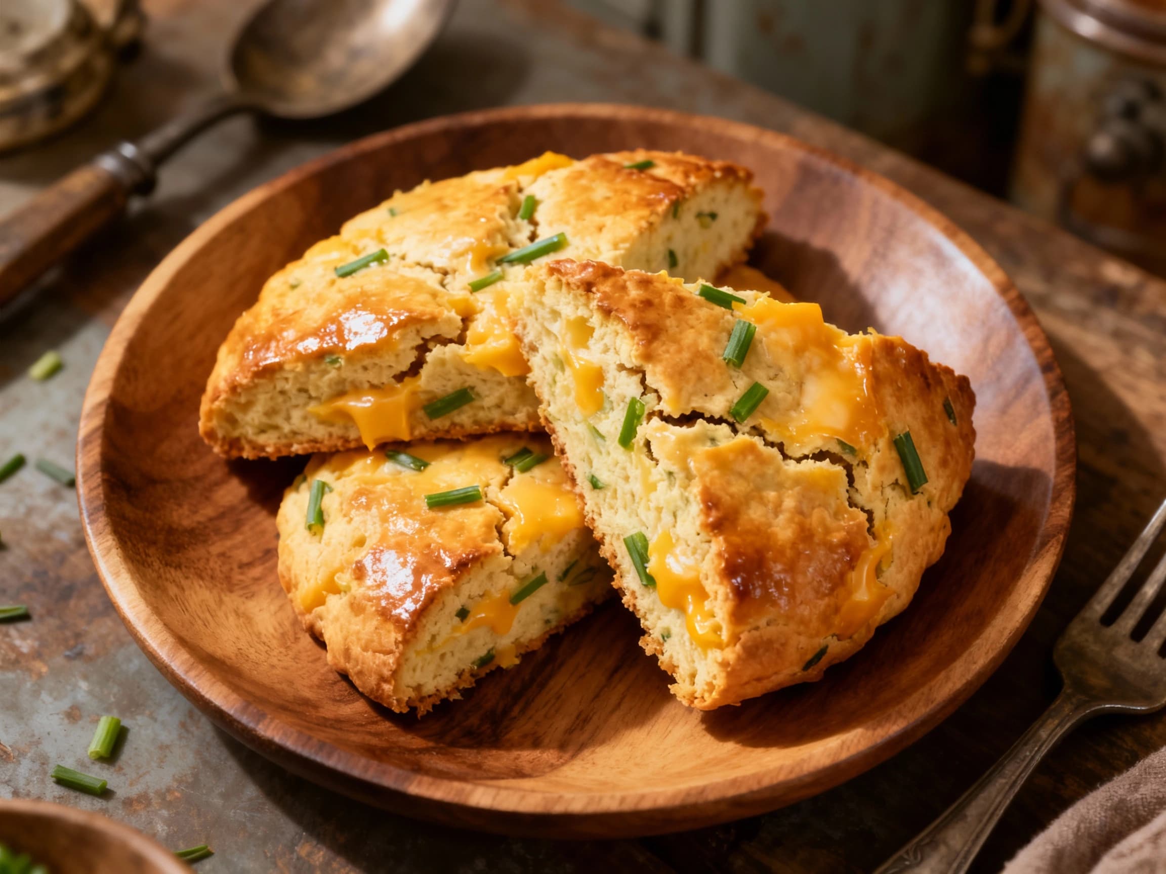 Golden-brown savory scones studded with fresh chives are beautifully presented on a rustic wooden board, ready to be enjoyed.