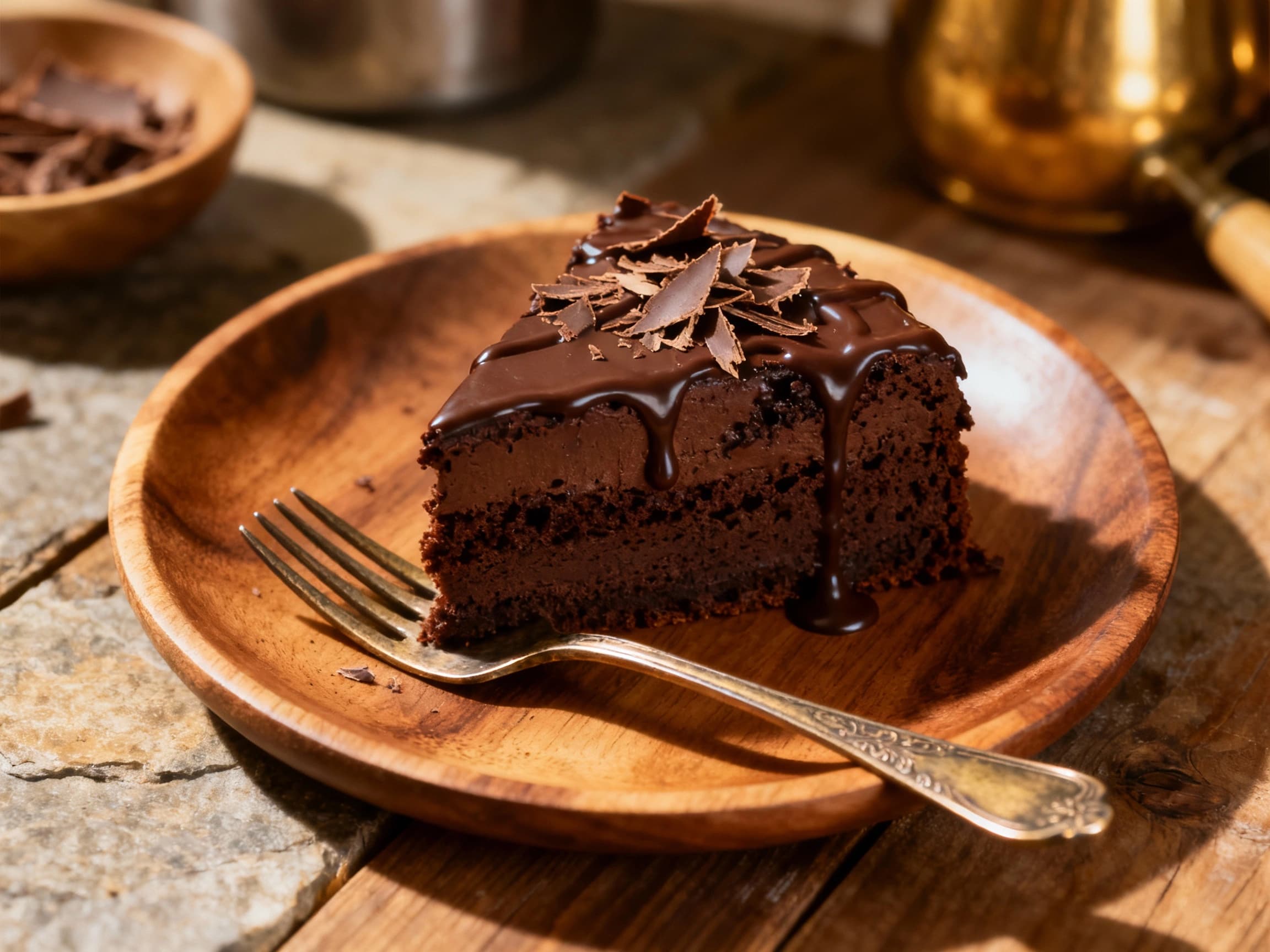 A decadent, deeply dark chocolate mud cake sits on a white plate, dusted with cocoa powder and topped with a glossy ganache, ready to be sliced.