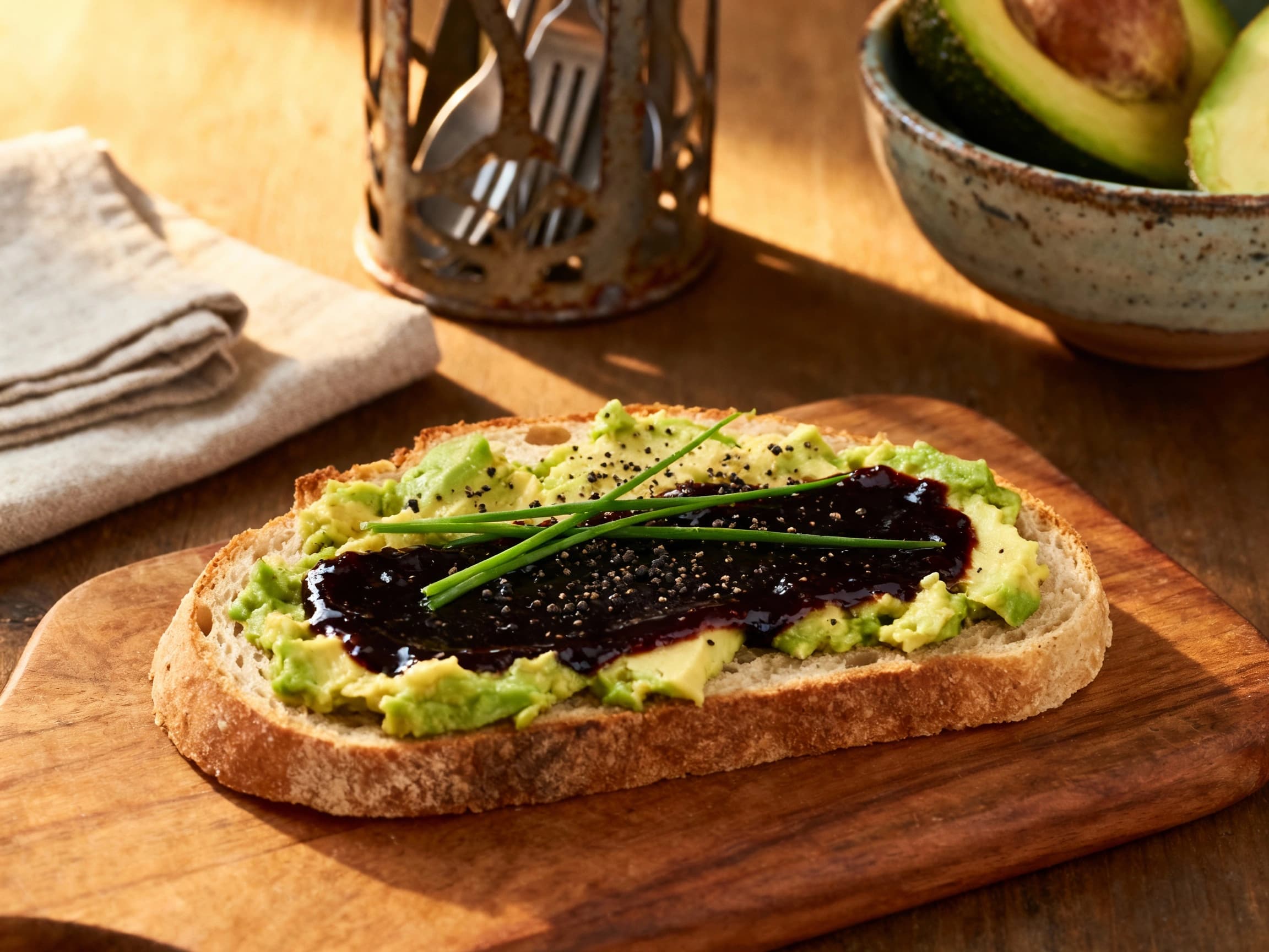 Golden-brown toast is artfully topped with creamy mashed avocado and a generous swirl of dark Vegemite, garnished with fresh red pepper flakes for a vibrant pop.