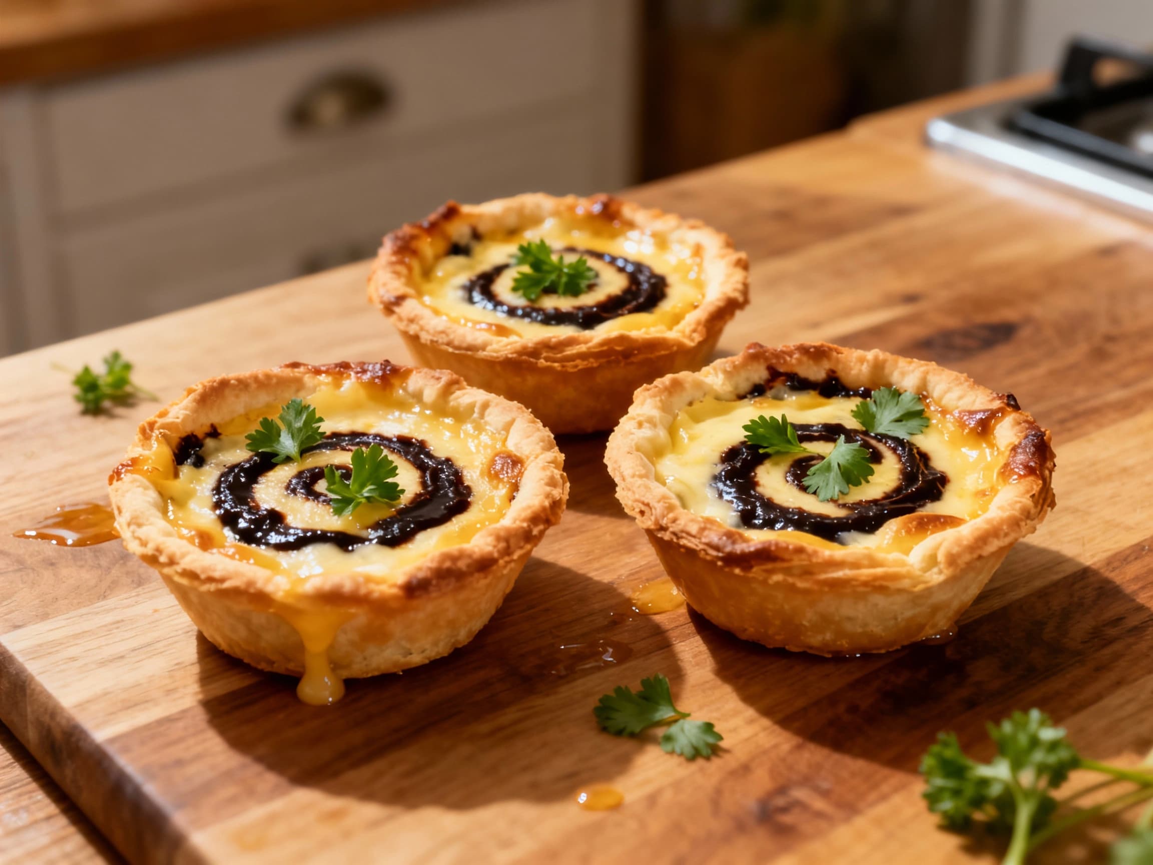 Golden-brown mini quiches, plump with savory Vegemite and melted cheese, sit nestled together on a rustic wooden board under warm lighting.