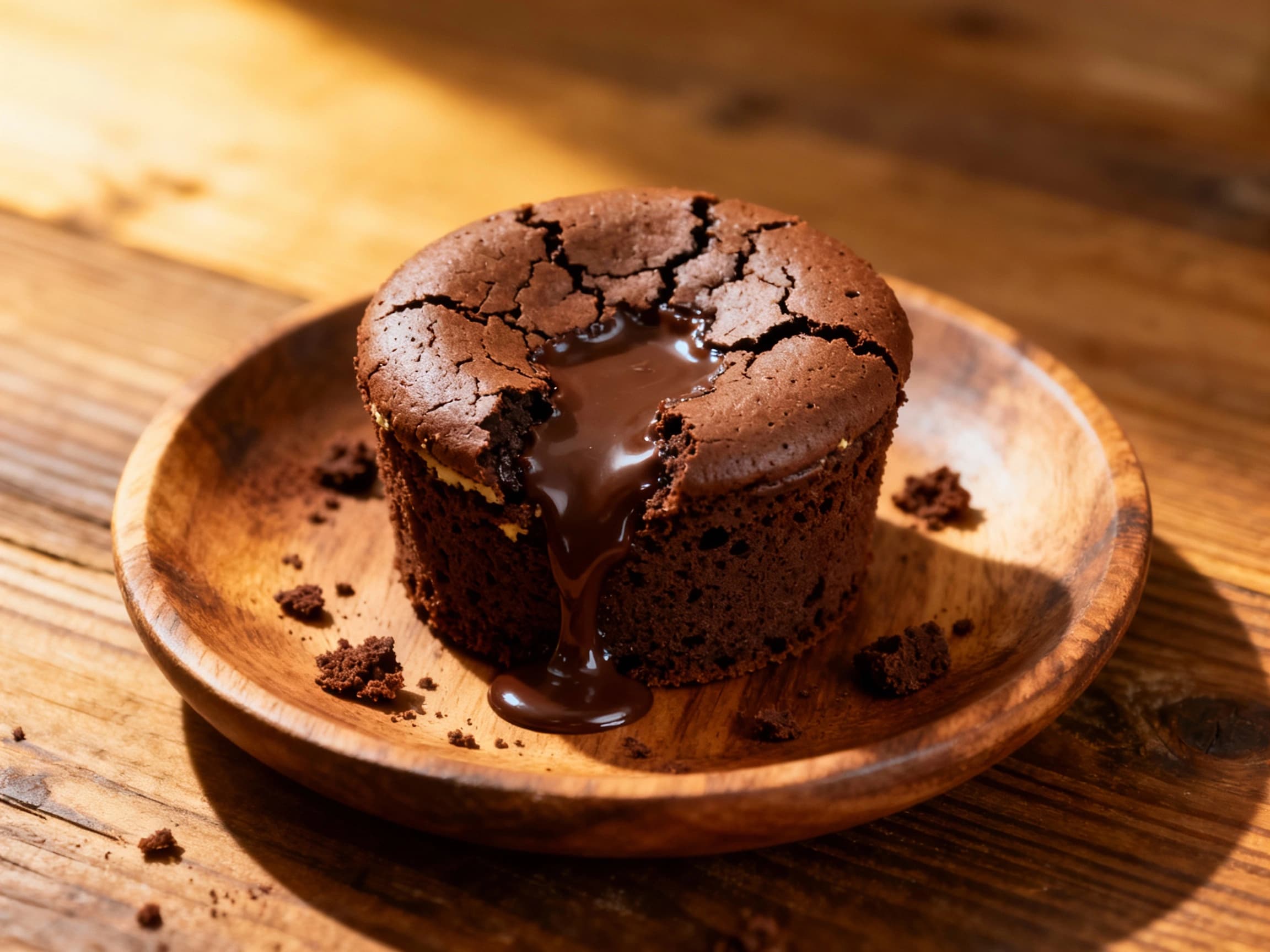 A warm, dark chocolate mug cake, rich and fudgy, sits invitingly on a rustic wooden surface, dusted with a light snowfall of powdered sugar.