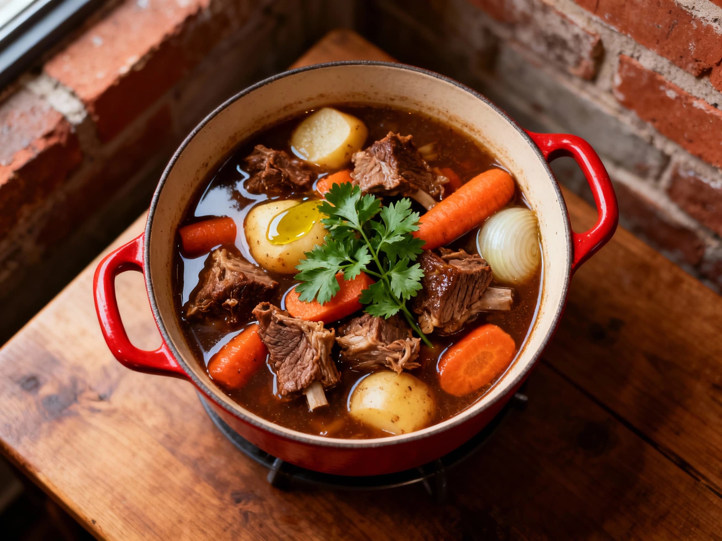 Hearty Irish stew, featuring tender chunks of lamb in a rich broth with root vegetables, is served in a rustic cast-iron pot, garnished with fresh parsley for a comforting and savory meal.