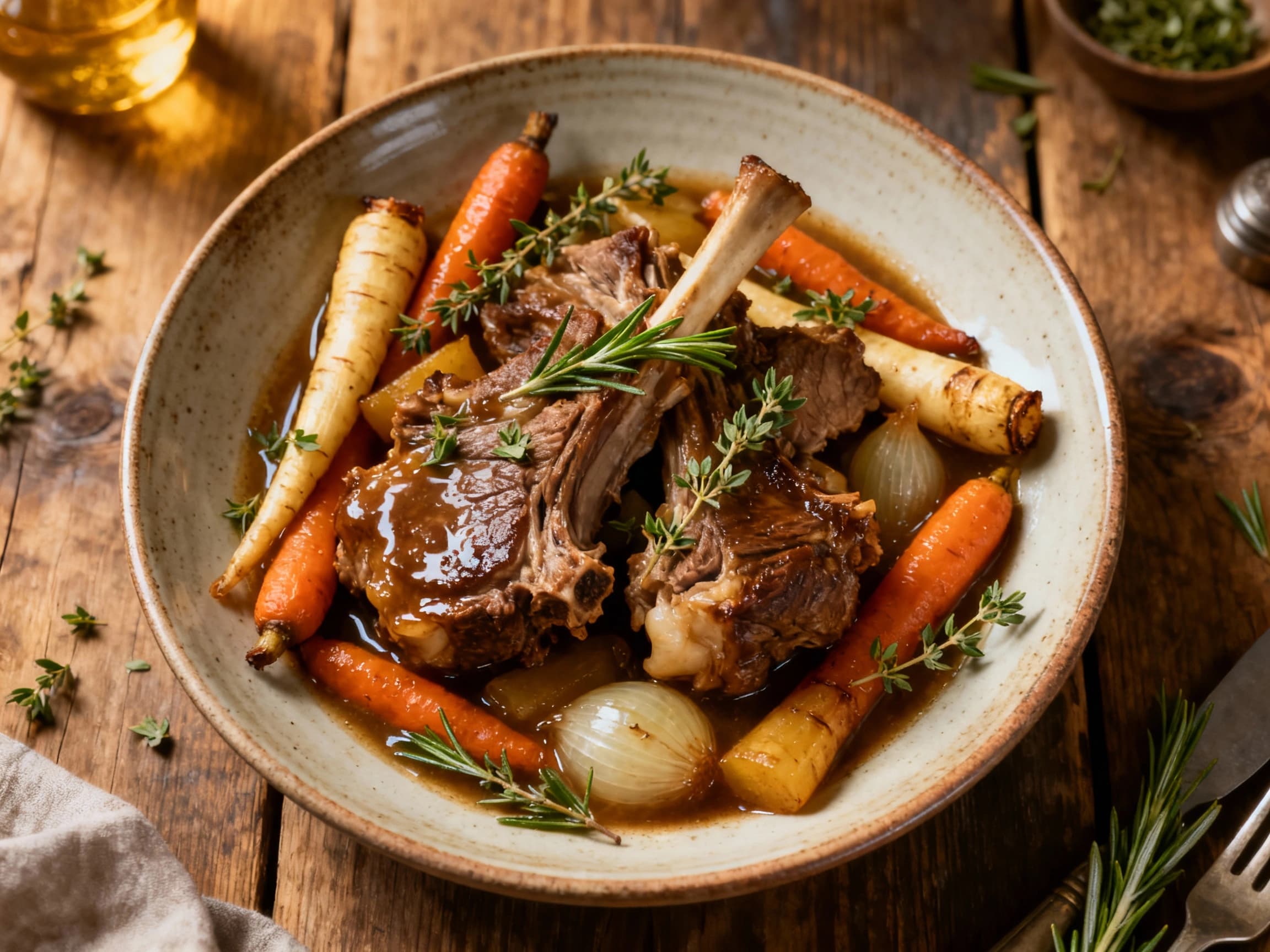 A rustic Dutch oven holds tender, slow-simmered mutton nestled amongst vibrant carrots, parsnips, and fresh rosemary, emitting a comforting, savory aroma.